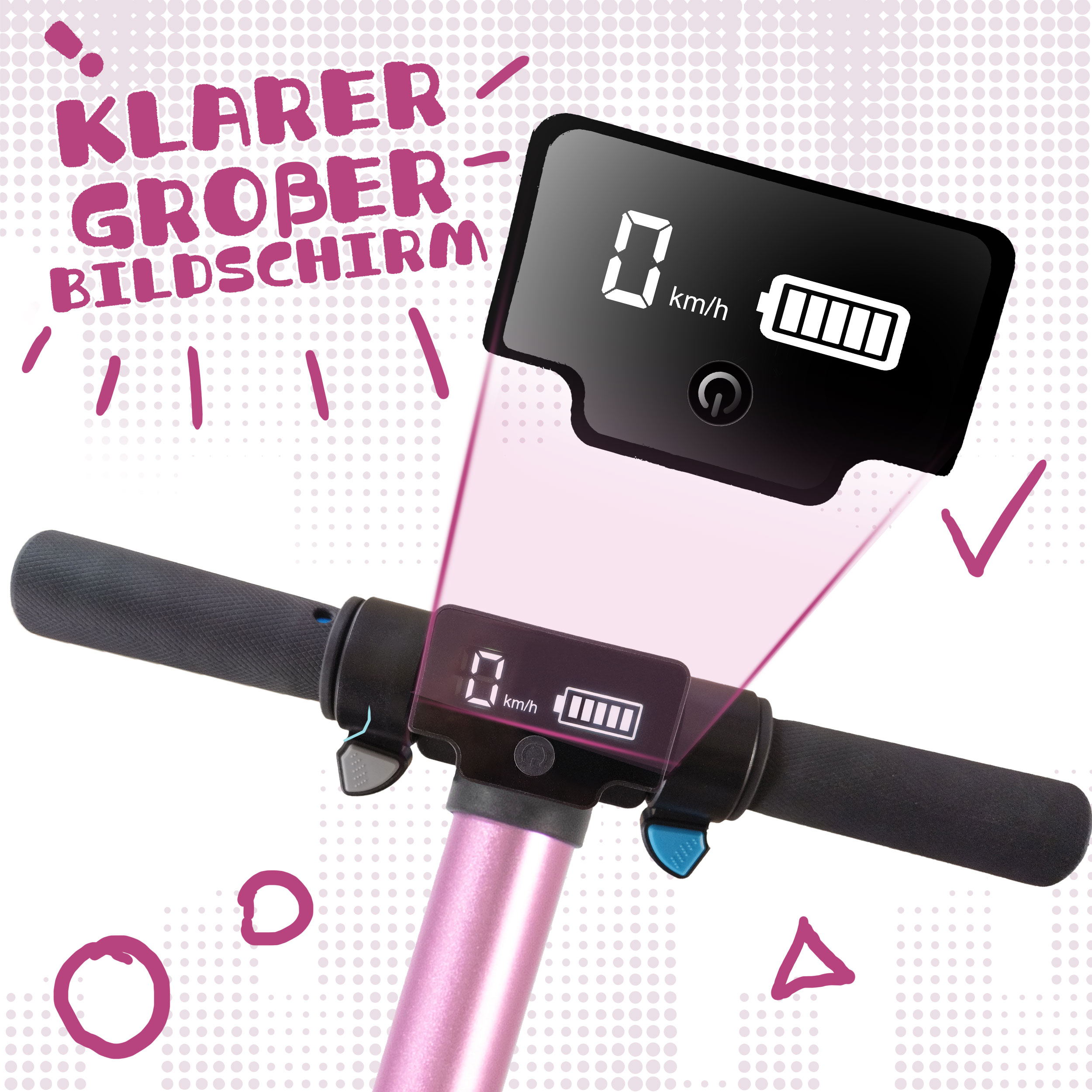 Rosa Elektroroller-Lenker mit digitaler Anzeige von Geschwindigkeit und Akku.