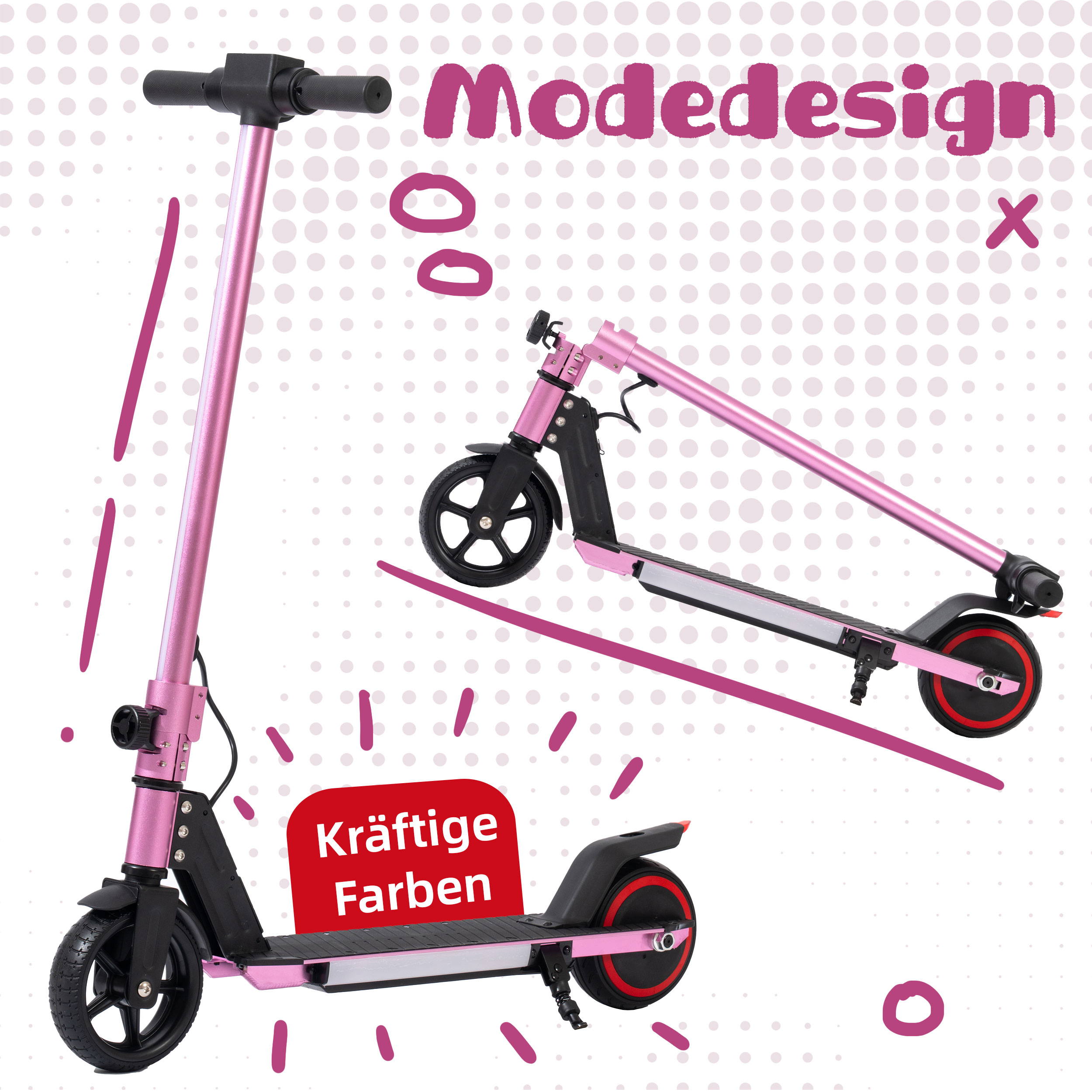 Ein rosa Roller mit schwarzen Rädern und roten Akzenten, daneben steht der Schriftzug Modedesign.