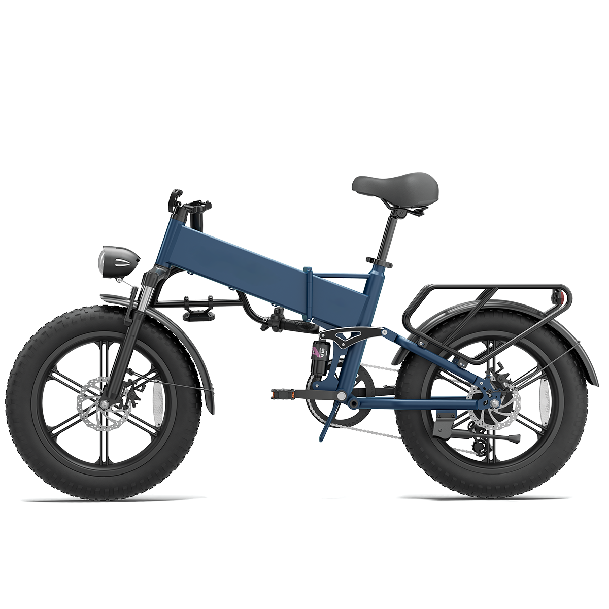 Niebieski składany rower elektryczny z grubymi oponami, bagażnikiem i światłem.