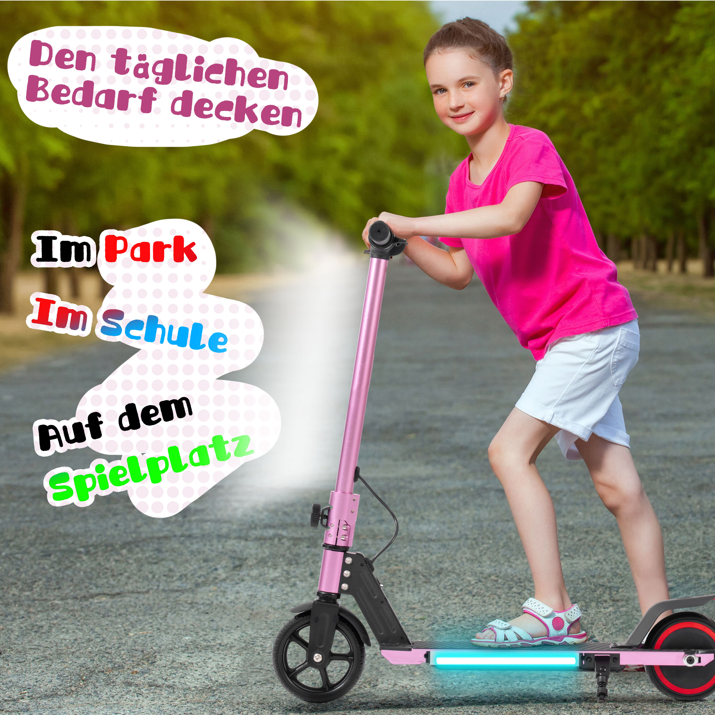 Mädchen fährt pinken Elektroroller im Park mit Leuchtelementen.