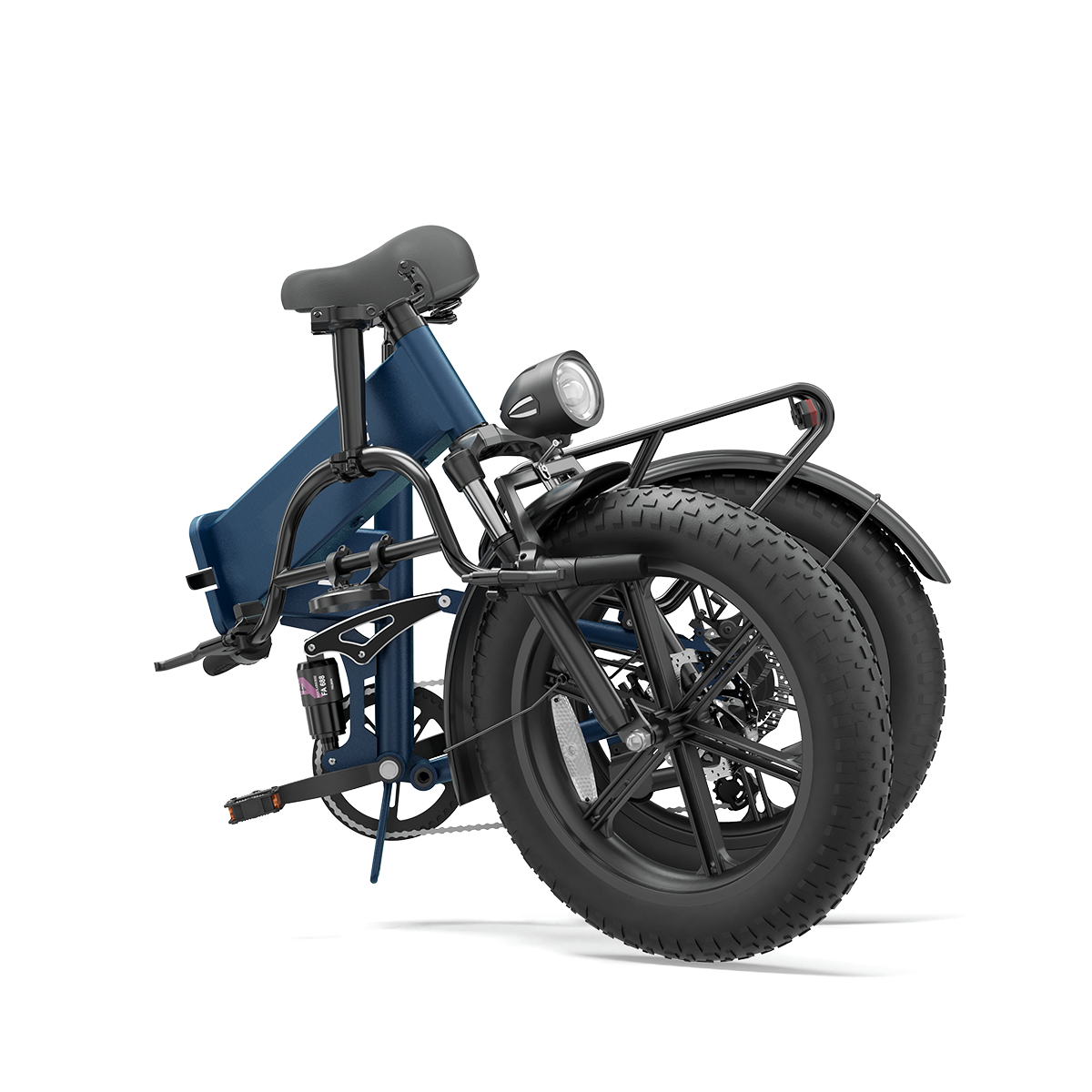 Granatowy rower elektryczny składany z grubymi oponami i światłem.