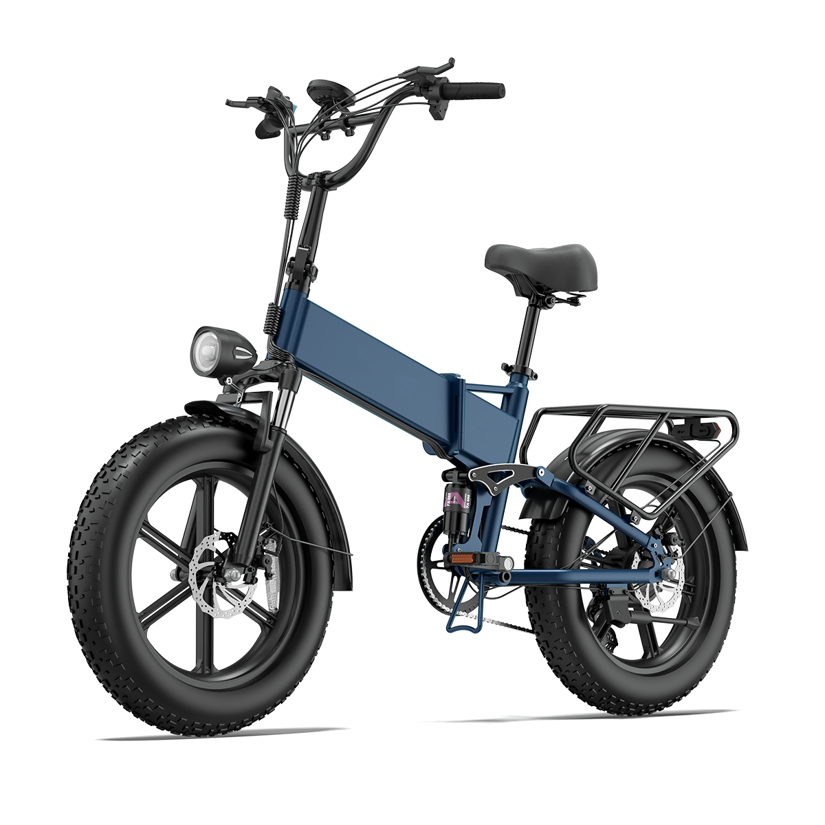 Niebieski rower elektryczny z grubymi oponami, bagażnikiem i światłem.