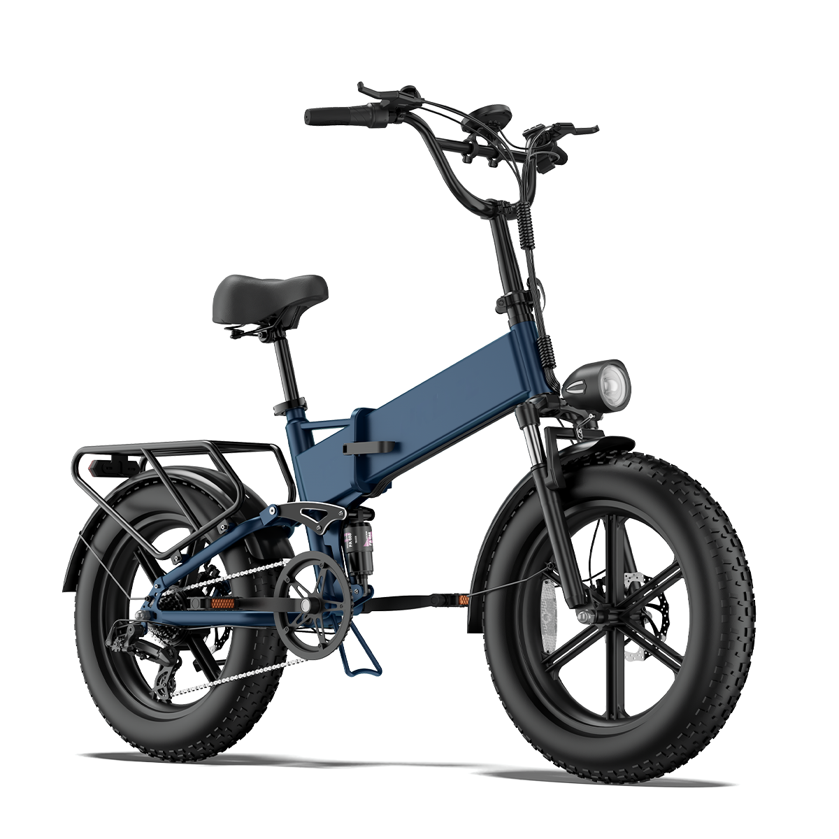 Niebieski składany rower elektryczny typu fat bike z czarnymi akcentami na białym tle.