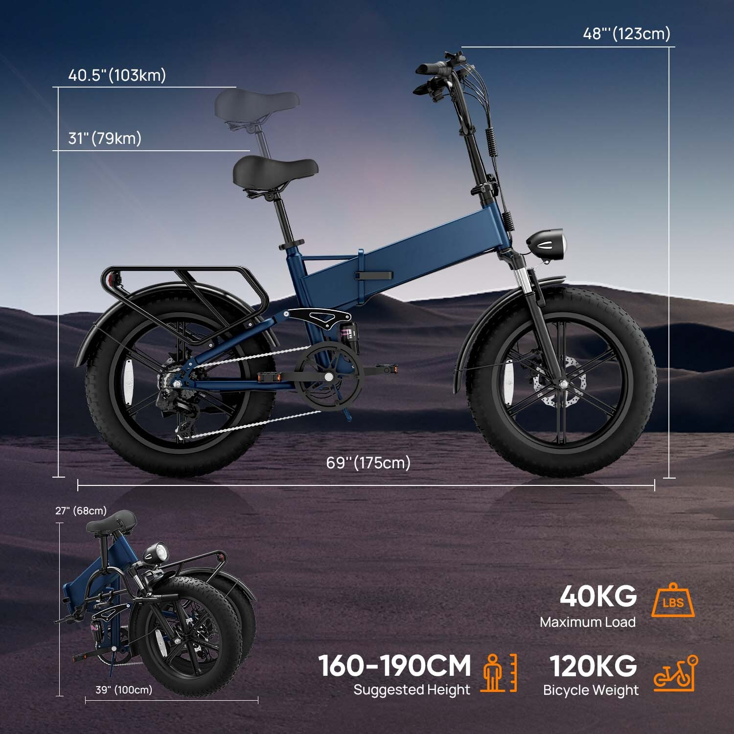 Niebieski składany rower elektryczny z wymiarami i ładownością.