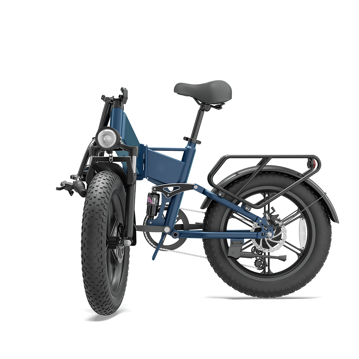 Niebieski składany rower elektryczny z grubymi oponami, bagażnikiem i światłem.