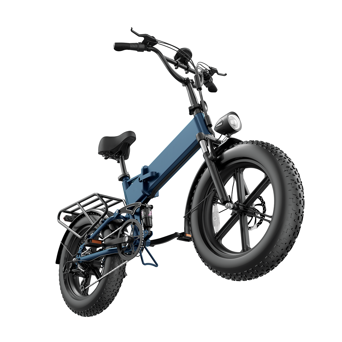 Niebieski rower elektryczny z grubymi oponami, bagażnikiem i światłem.