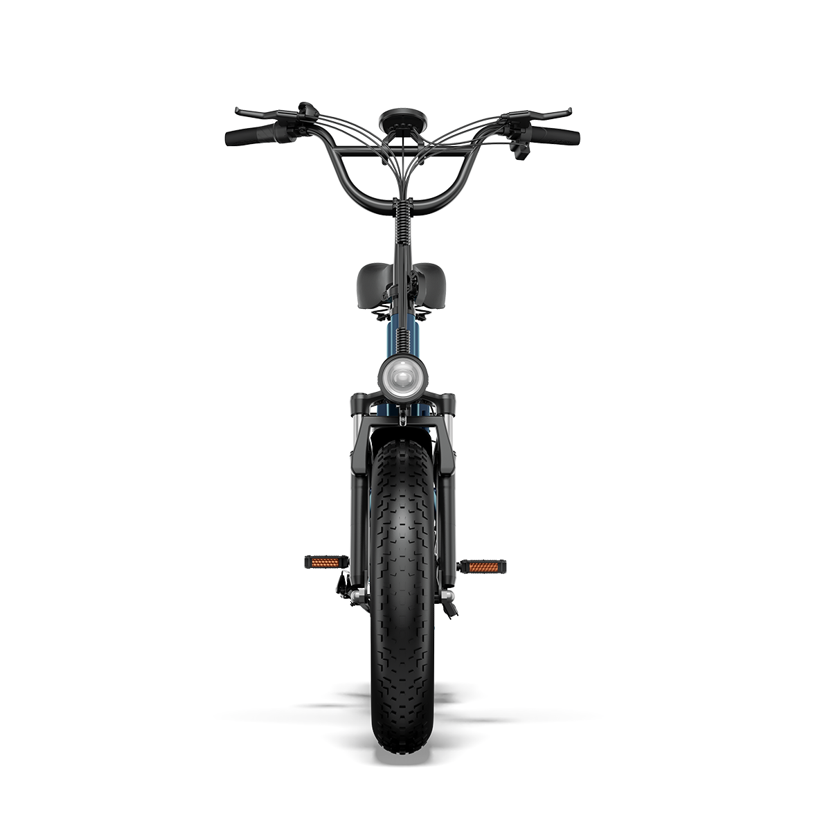 Niebieski rower elektryczny z grubymi oponami, kierownicą i siedzeniem.