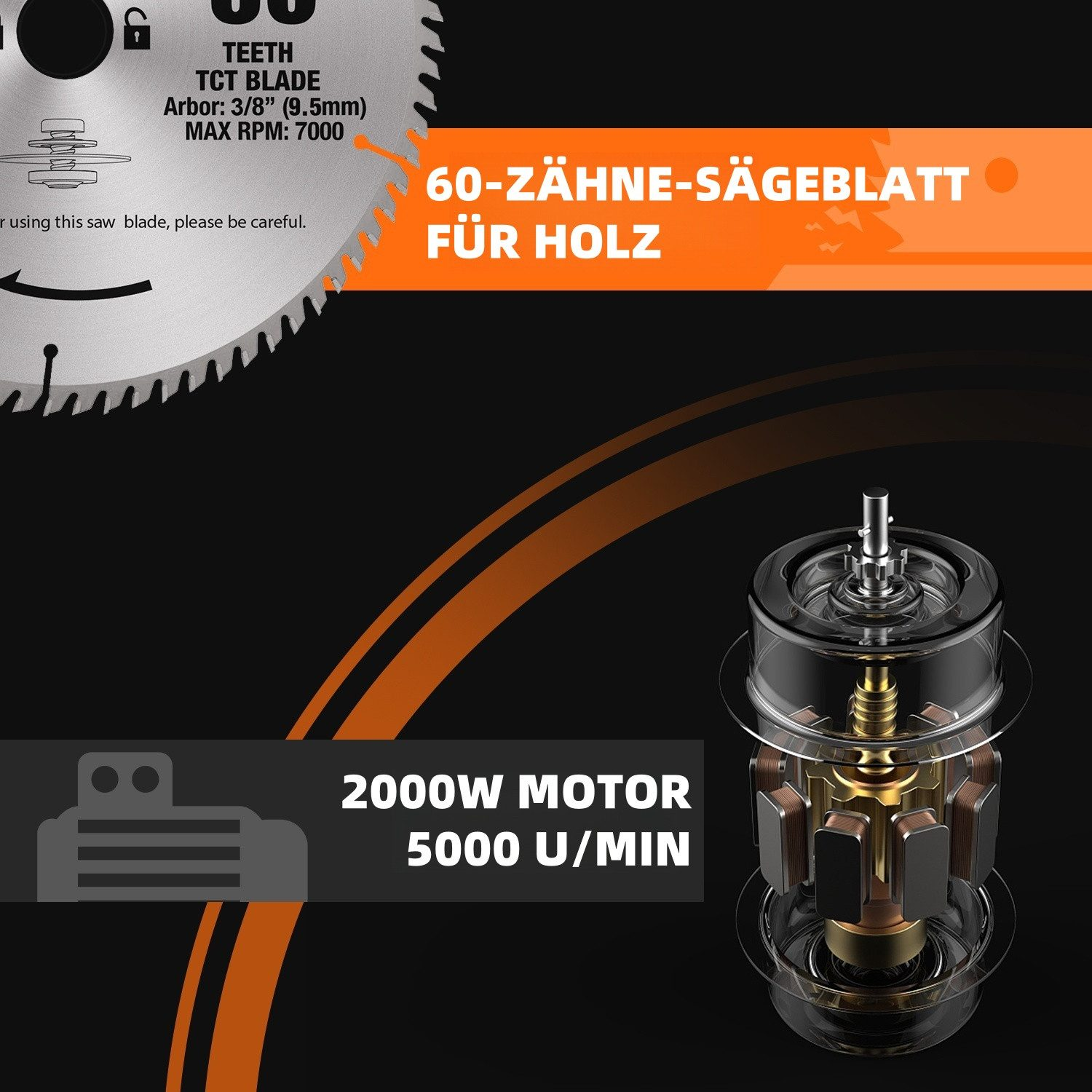 Sägeblatt mit 60 Zähnen für Holz, 2000W Motor, 5000 U/Min.