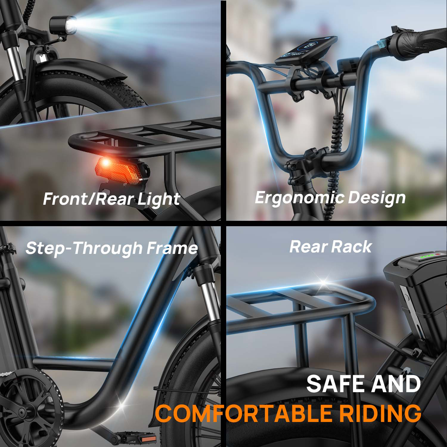 Kolaż czarnego roweru z przednim światłem, kierownicą, ramą i bagażnikiem.