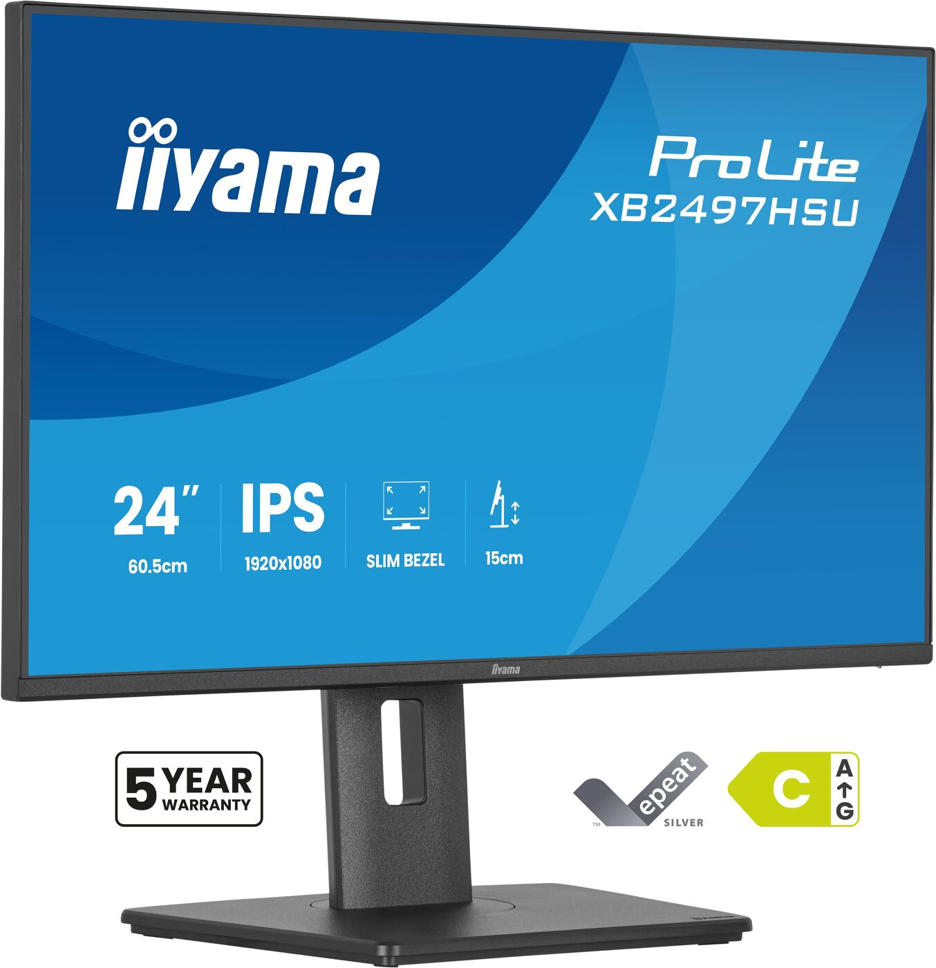 Czarny monitor iiyama ProLite z 24-calowym wyświetlaczem IPS, smukłą ramką i srebrnym stojakiem.