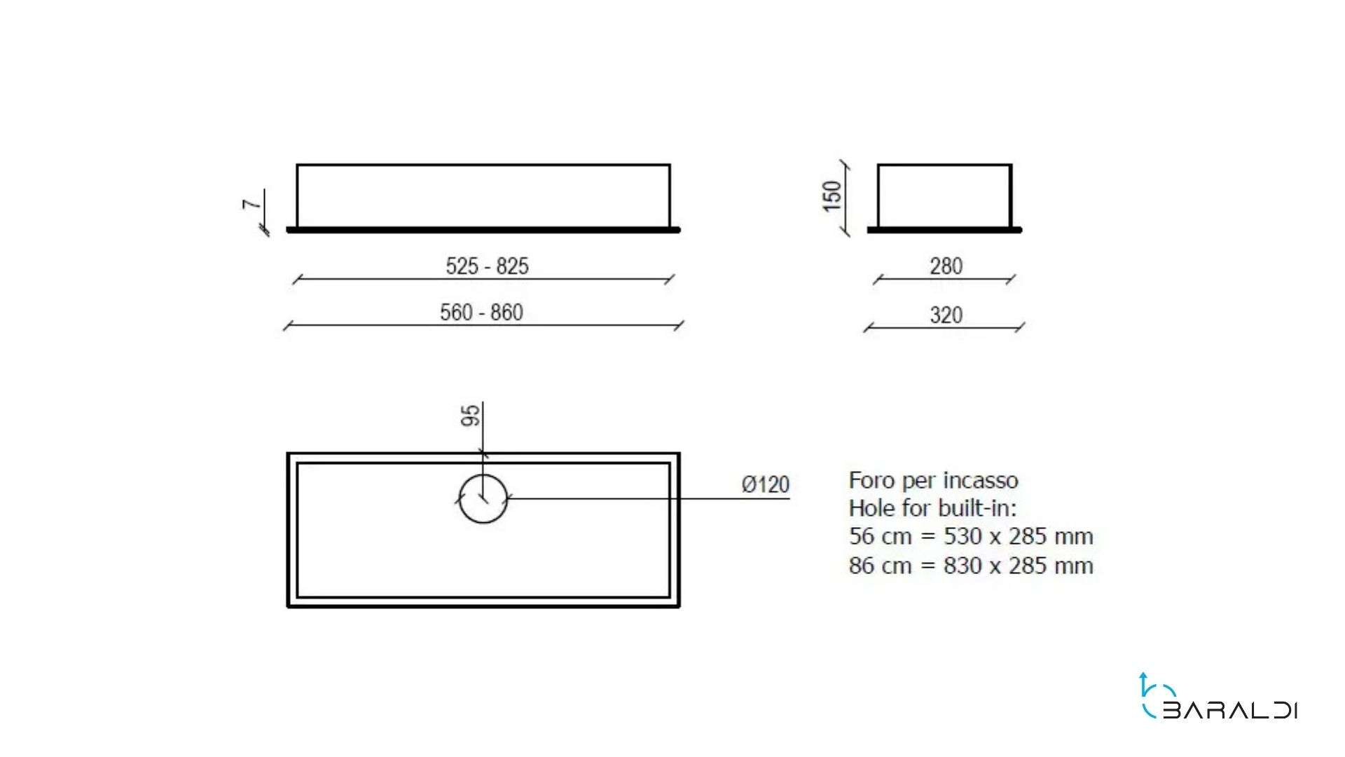 Disegno tecnico di un lavabo rettangolare con dimensioni e dettagli installazione.