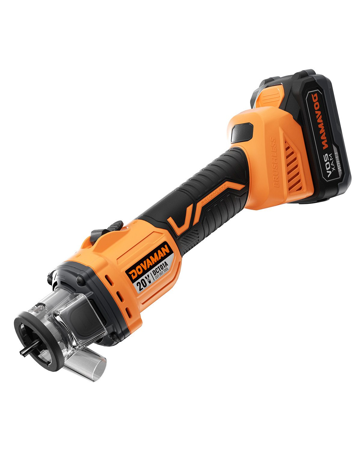 Orangefarbenes und schwarzes bürstenloses Dovaman 20V-Aussentool mit durchsichtiger Kunststoffschutz.