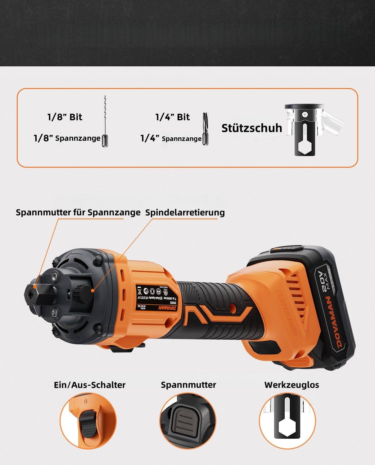 Ein orangefarbener Schrauber mit Zubehör: Bits, Spannzangen und Stützschuh.
