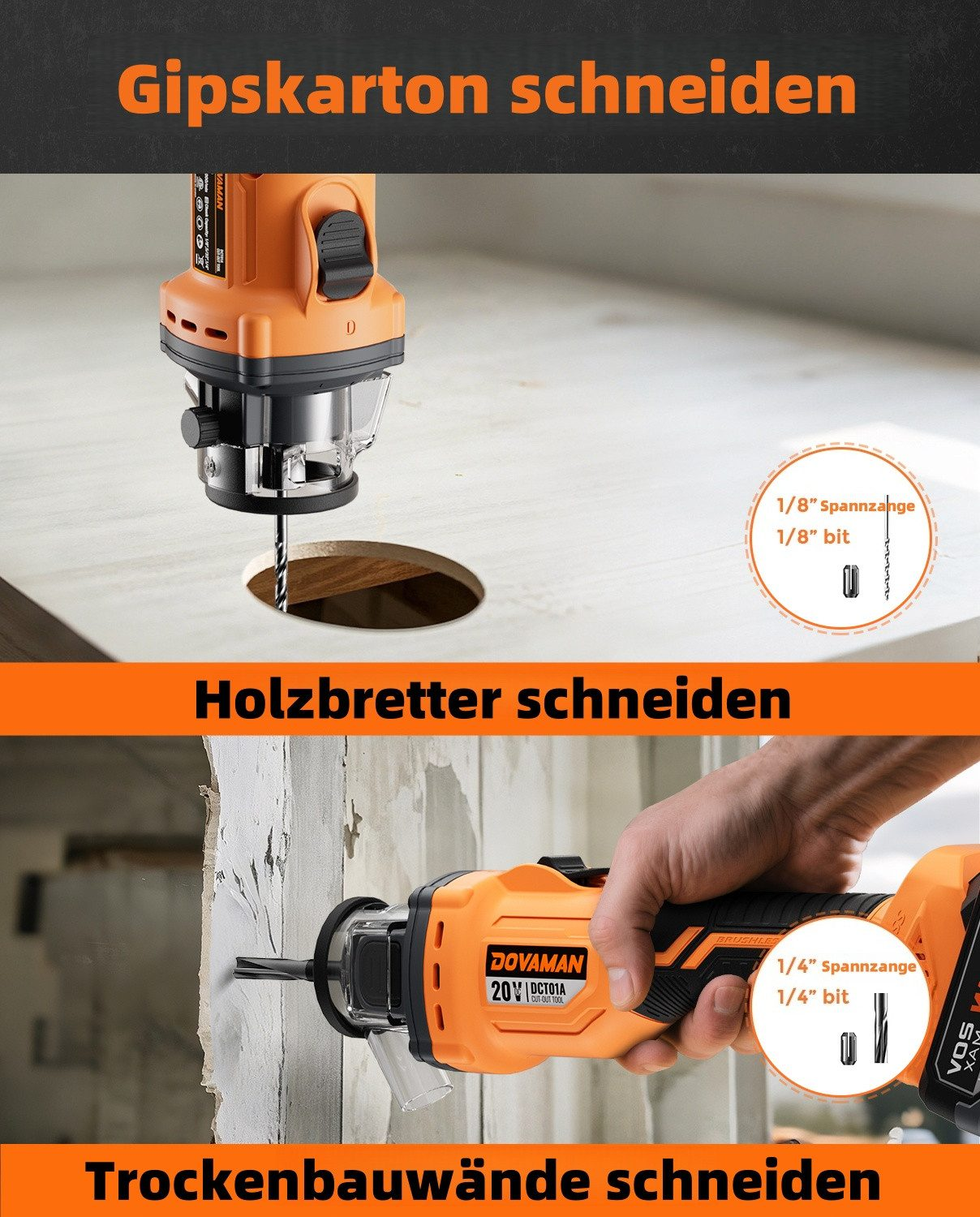 Ein orangefarbener Trennschleifer schneidet Gipskarton, Holz und Trockenbauwände.
