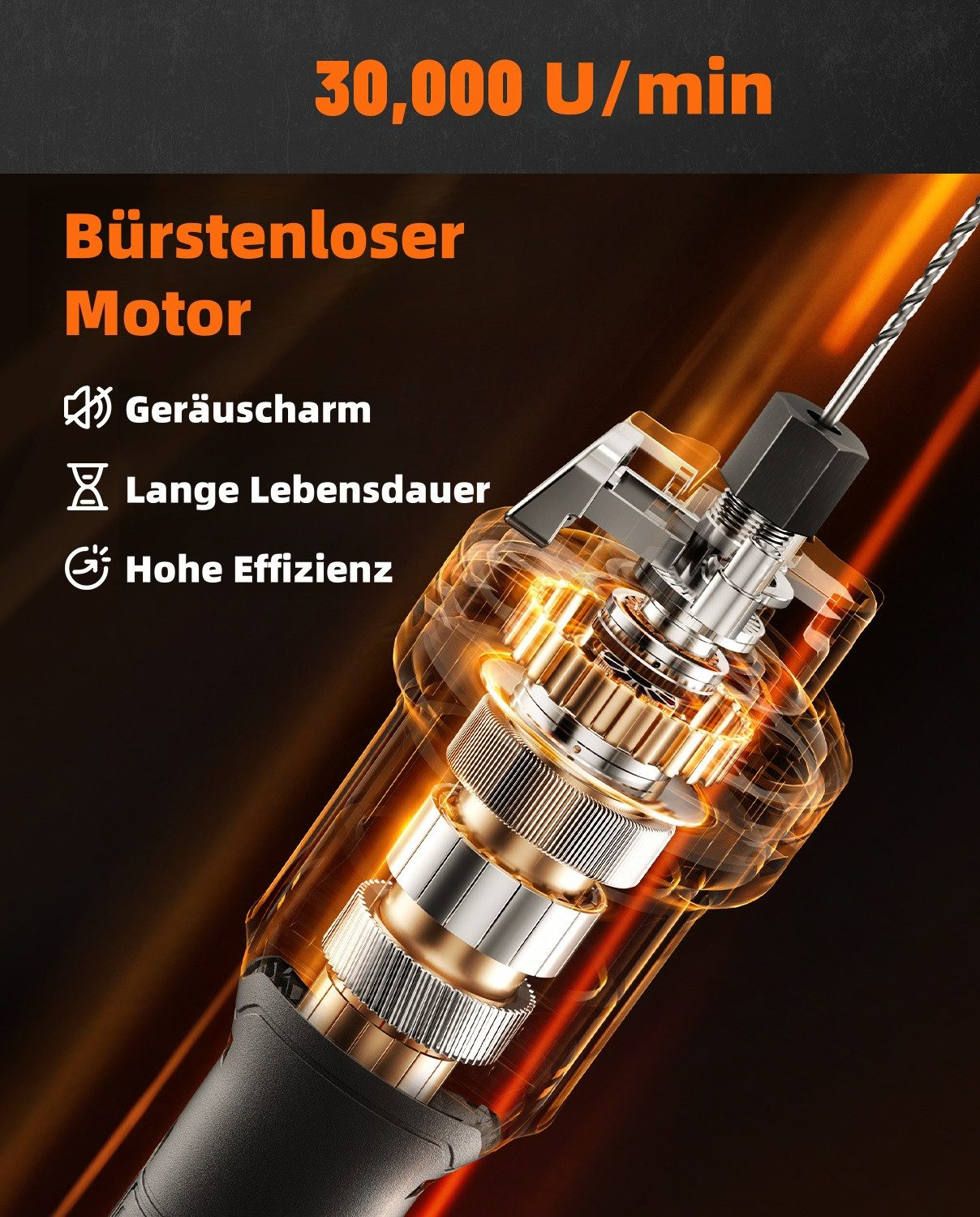 Detailansicht eines bürstenlosen Motors mit Zahnrädern und einem Bohrer.