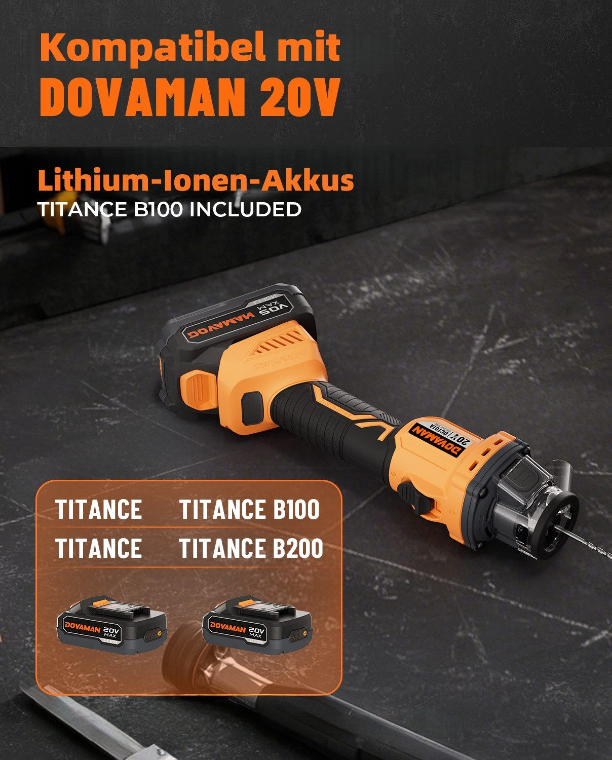 Orange und schwarzes Elektrowerkzeug mit Akku, kompatibel mit 20V.