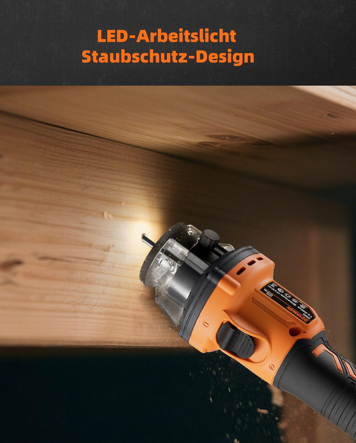 Orange und schwarzes Werkzeug schneidet Holz, mit LED-Licht und Staubschutz.