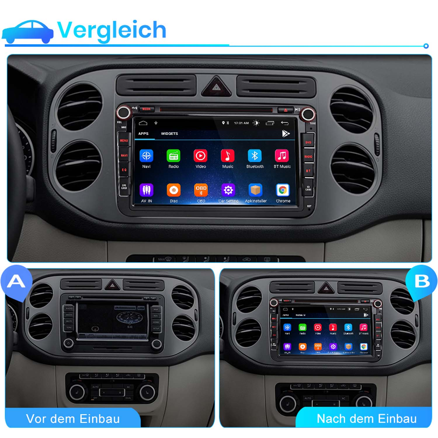 Vergleich: Auto-Infotainmentsystem vor und nach Einbau. Oben das neue System, unten der Vergleich.