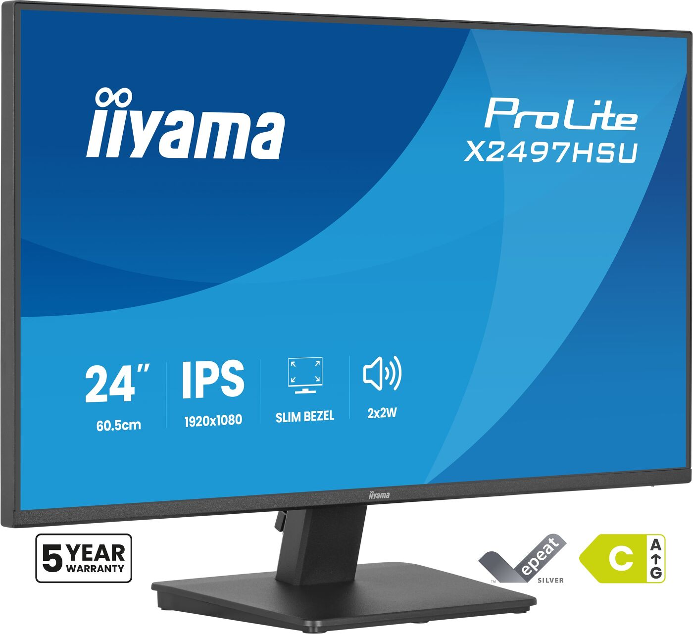 Srebrny monitor Iiyama ProLite X2497HSU z 24-calowym wyświetlaczem IPS.