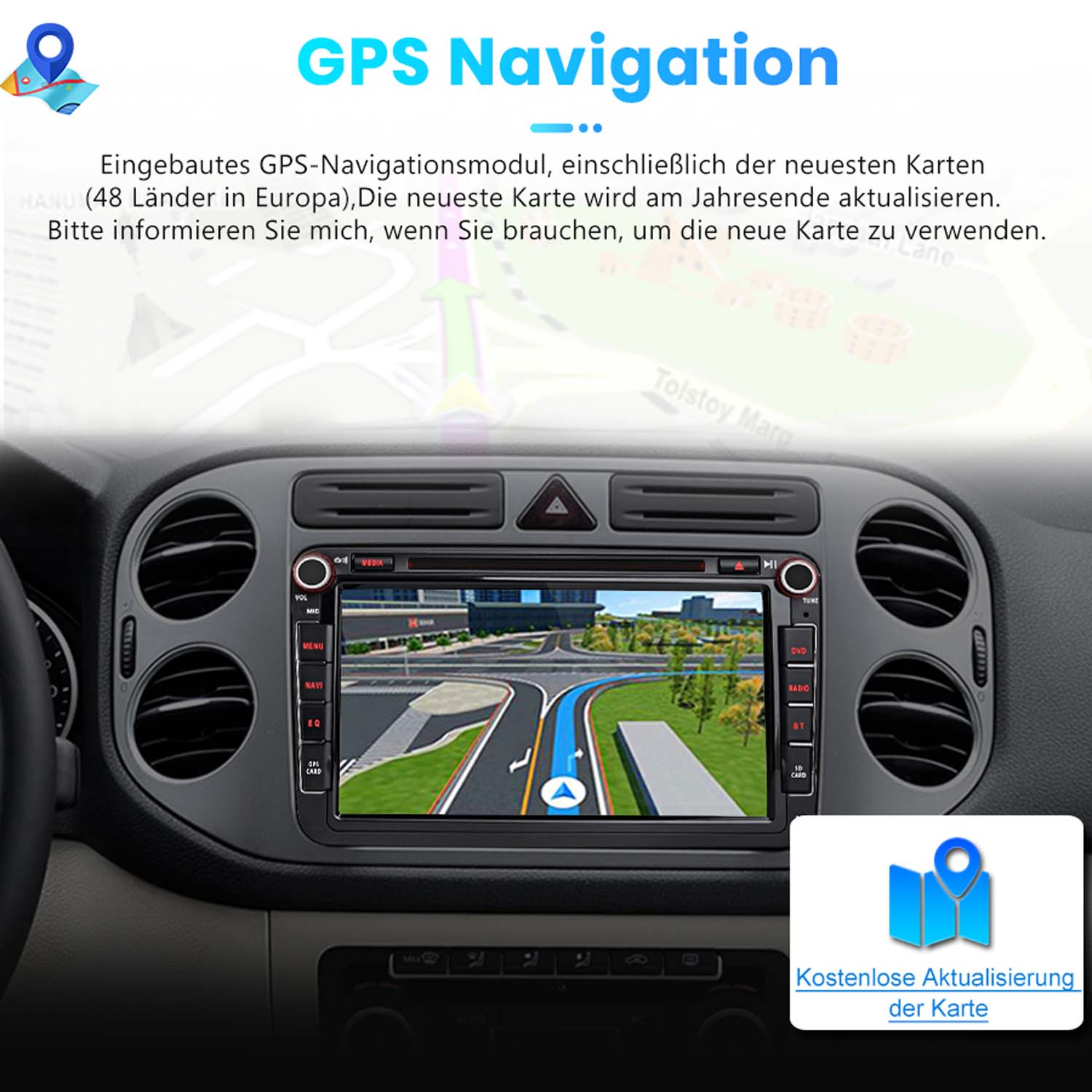 Navigationsbildschirm im Auto mit Karte und Text"Kostenlose Aktualisierung der Karte".