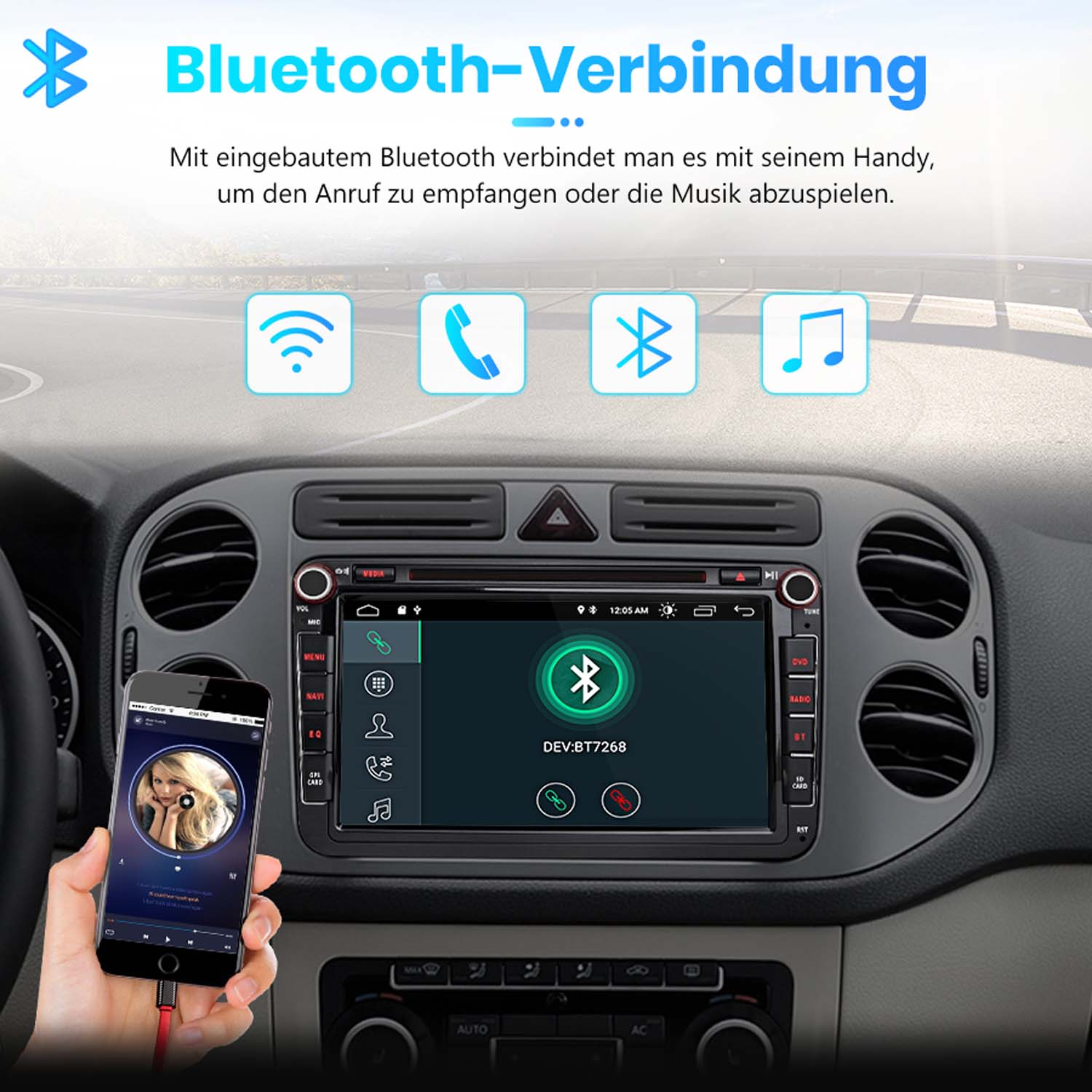 Ein Smartphone wird mit dem Auto-Display verbunden, das Bluetooth-Symbole zeigt.
