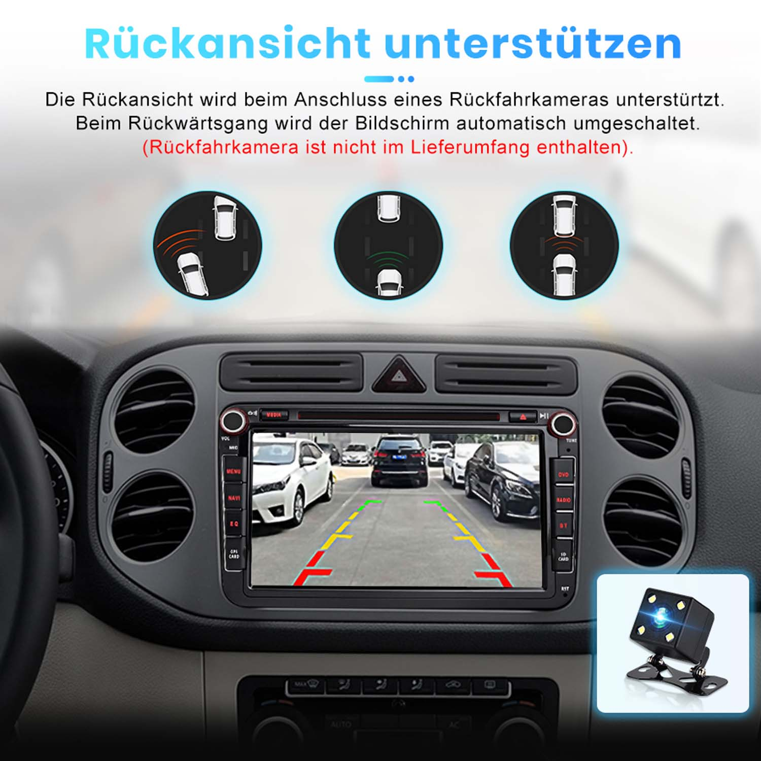 Rückansicht-Unterstützung im Auto: Rückfahrkamera-Bildschirmansicht.