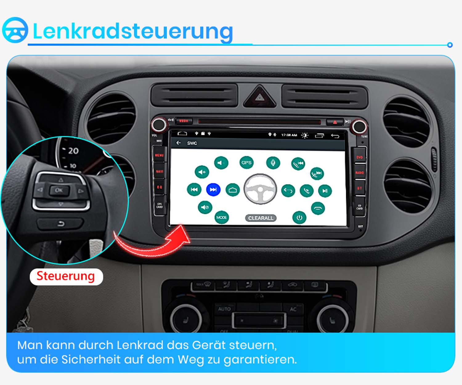 Auto-Innenraum mit Lenkradsteuerung und Touchscreen-Display.