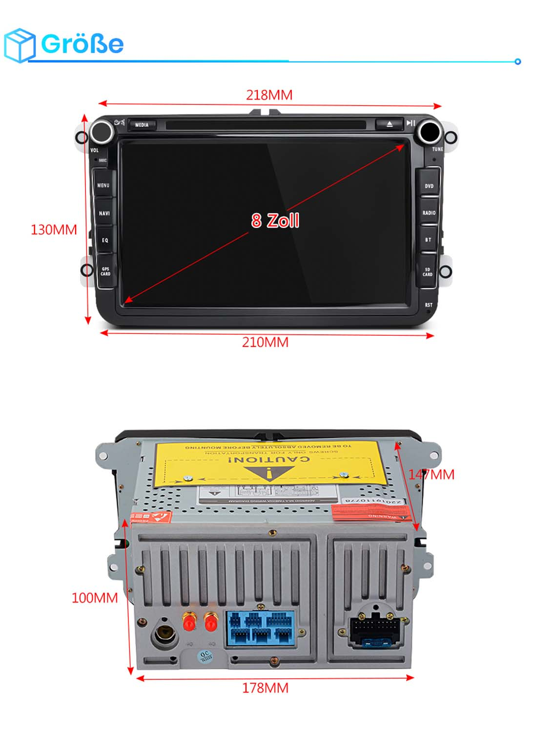 Ein Autoradio mit Touchscreen, Maße 218x130mm, Rückseite mit Anschlüssen.