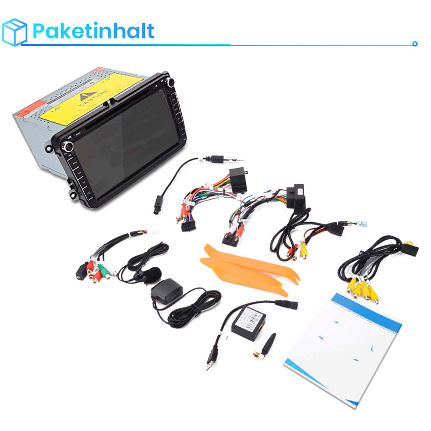 Ein Autoradio mit Zubehör: Kabel, Mikrofon, Antennen und ein Handbuch.