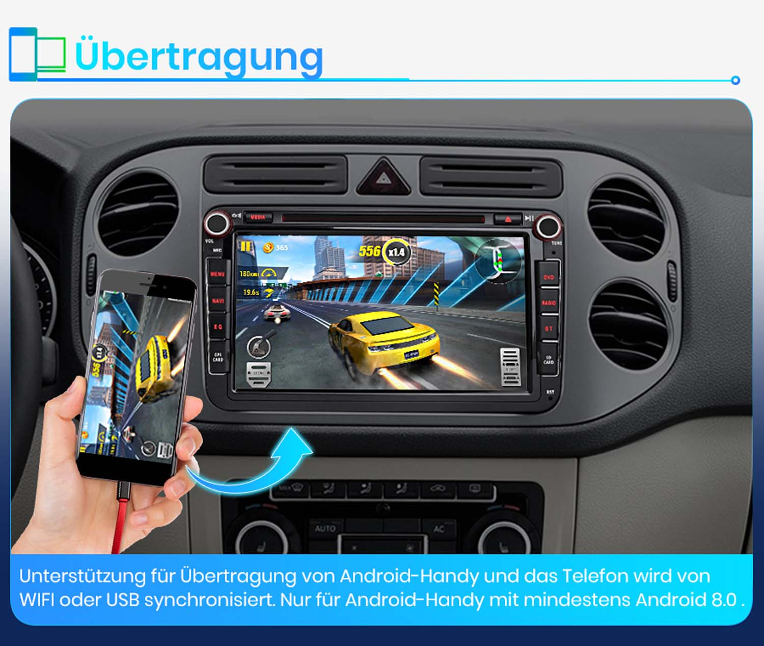 Hand hält Smartphone, das mit Auto-Infotainmentsystem verbunden ist.