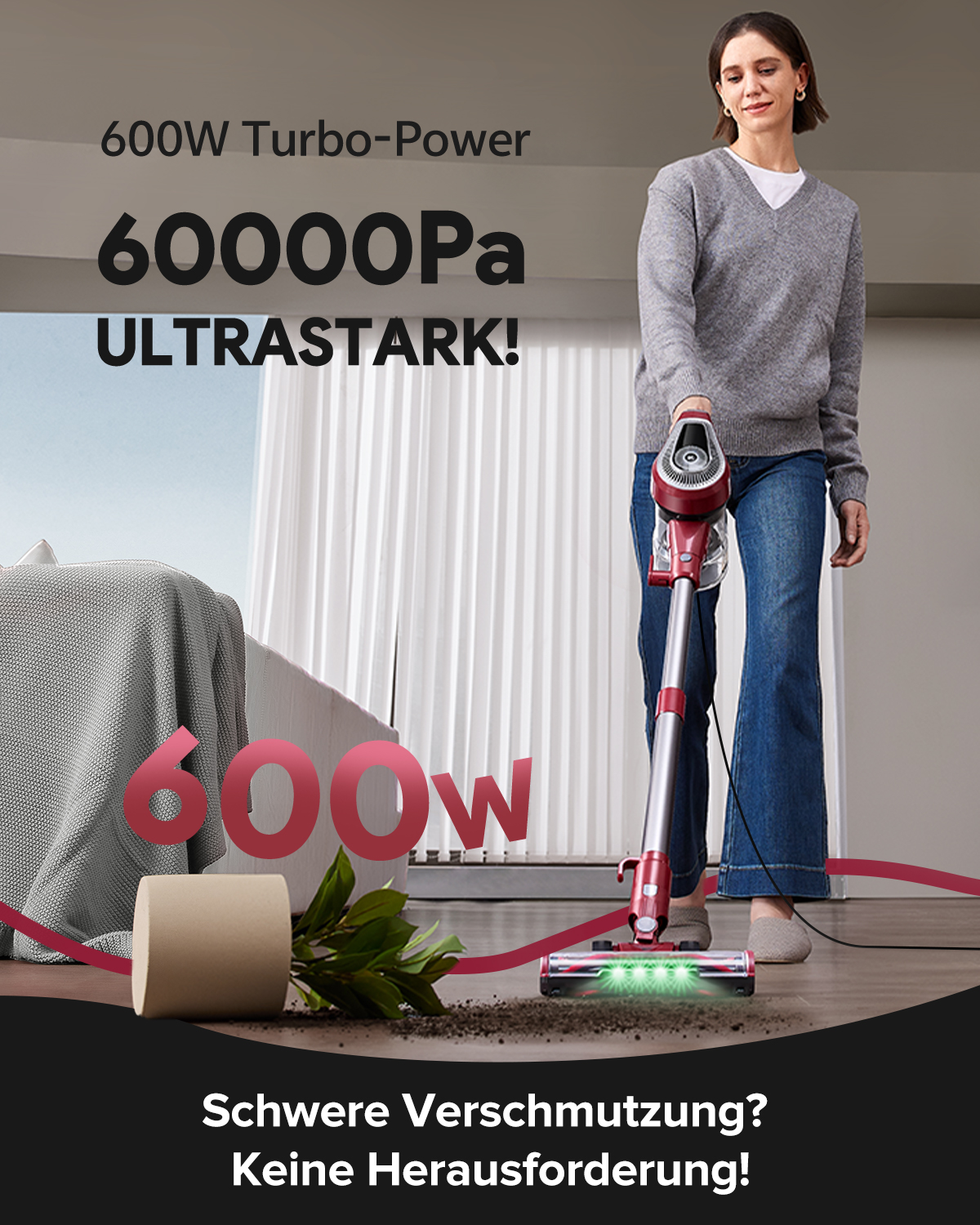 Frau saugt Teppich mit rotem Staubsauger. 600W Turbo-Power.