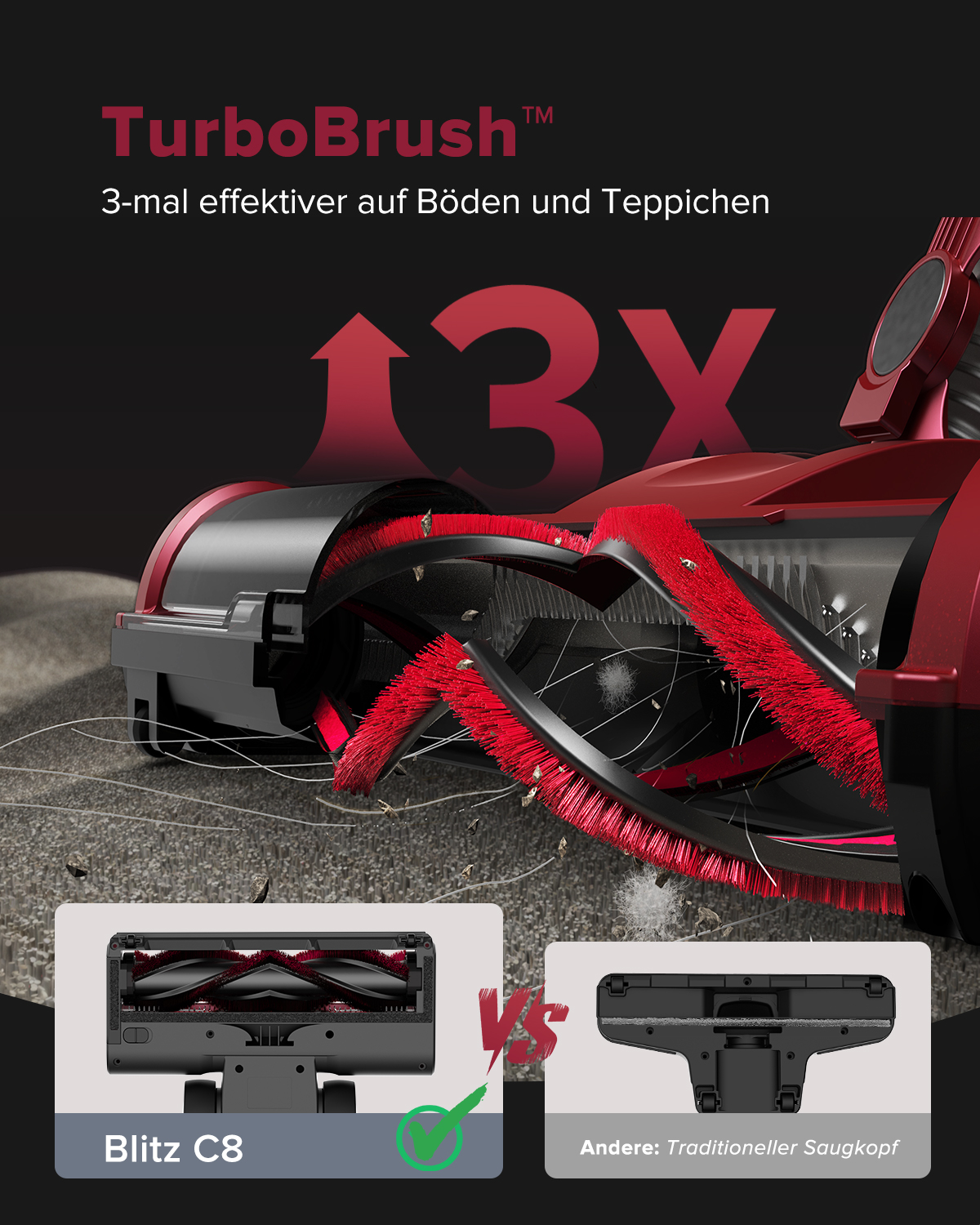 TurboBrush mit roten Borsten reinigt Boden. Vergleich unten.