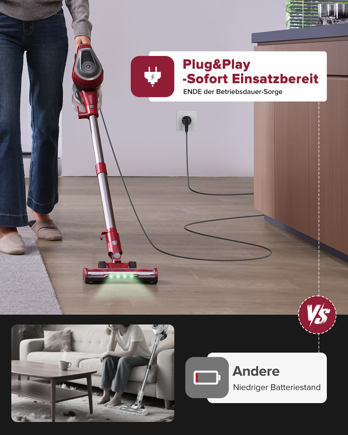Ein roter Staubsauger wird benutzt. Ein Stecker ist in der Wand.