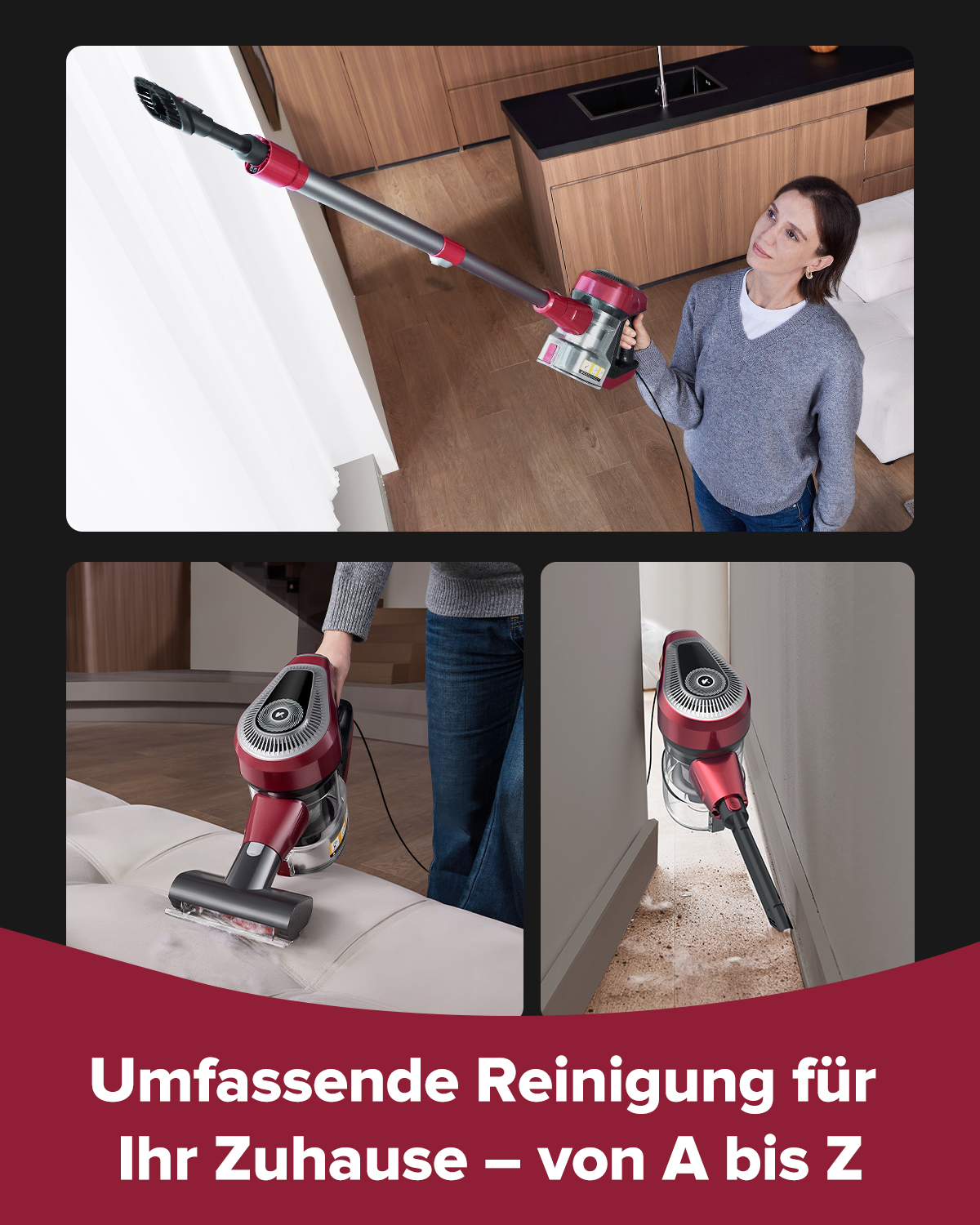 Frau saugt Wand, Sofa und Ecke mit rotem Handstaubsauger.