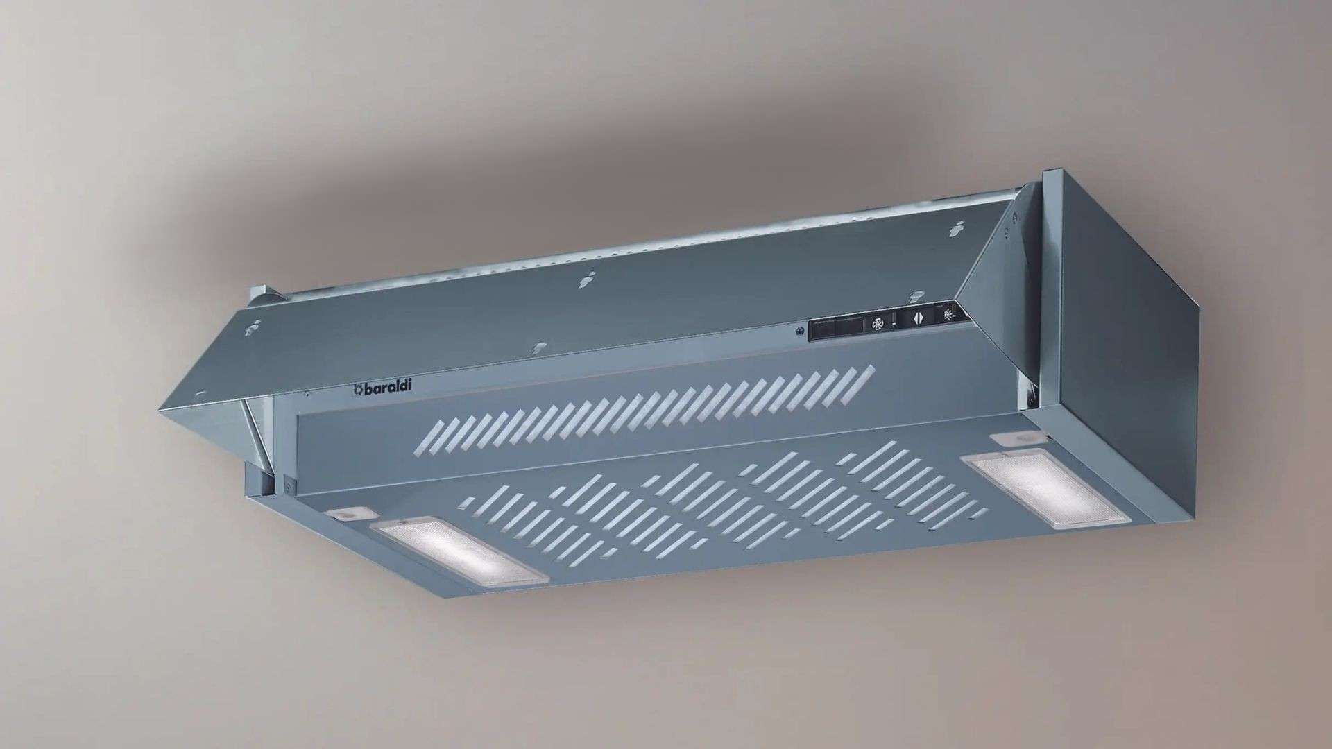 Cappa Baraldi grigia con luci e griglia di ventilazione.