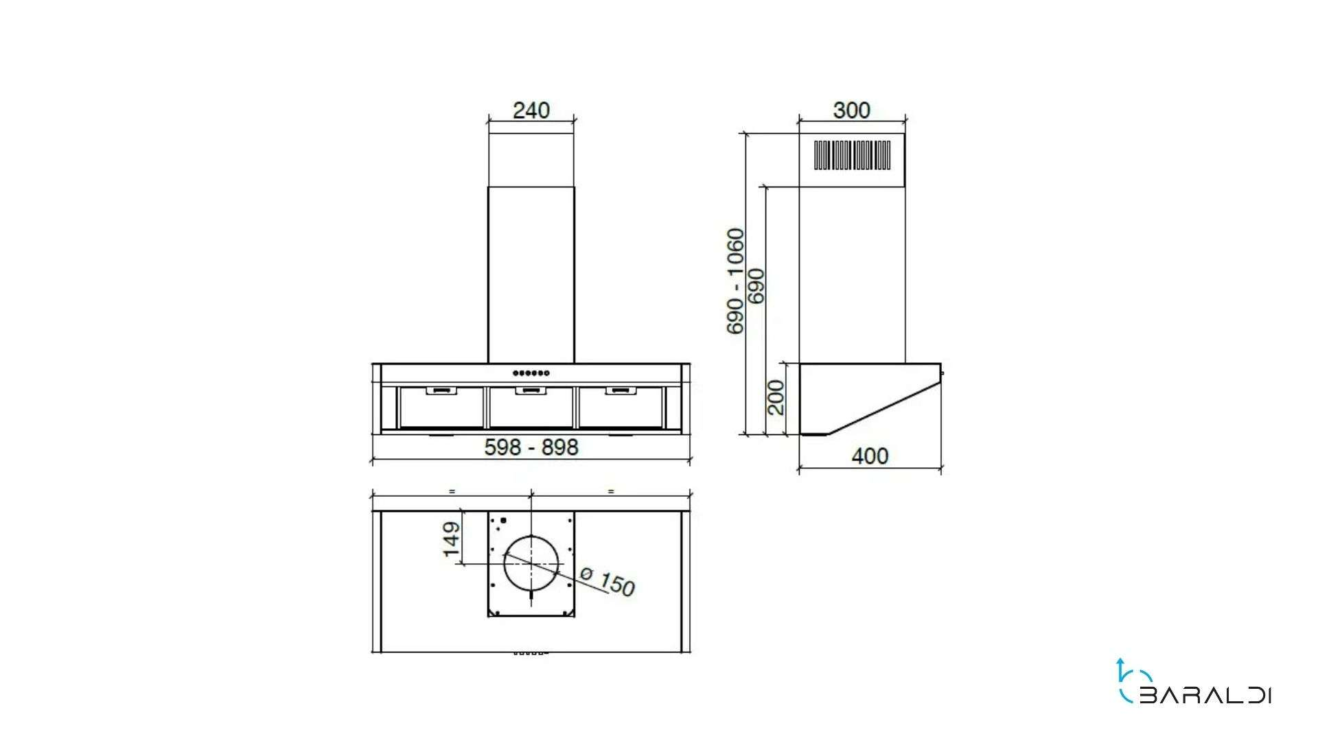 Disegno tecnico di una cappa da cucina con dimensioni e dettagli.