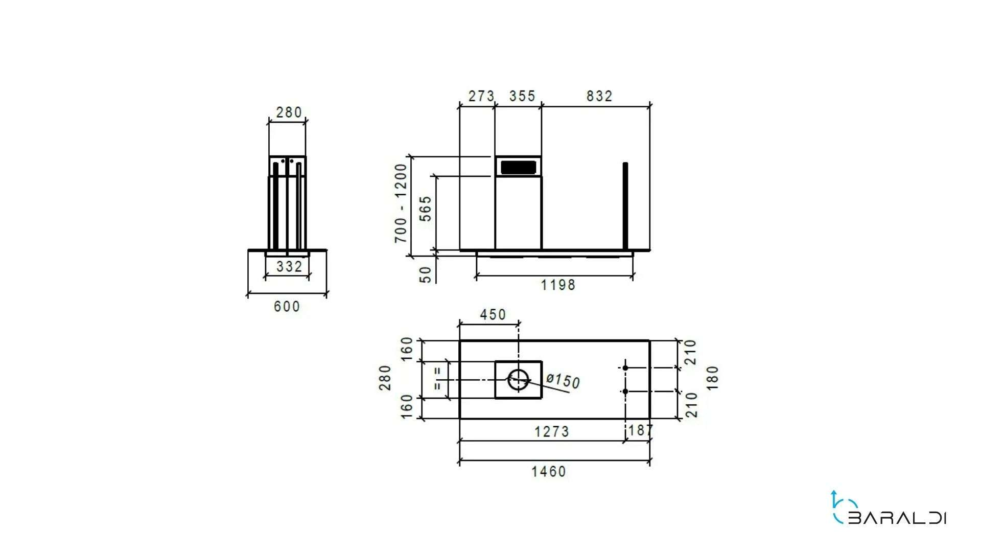 Disegno tecnico di un dissuasore con dimensioni e viste.