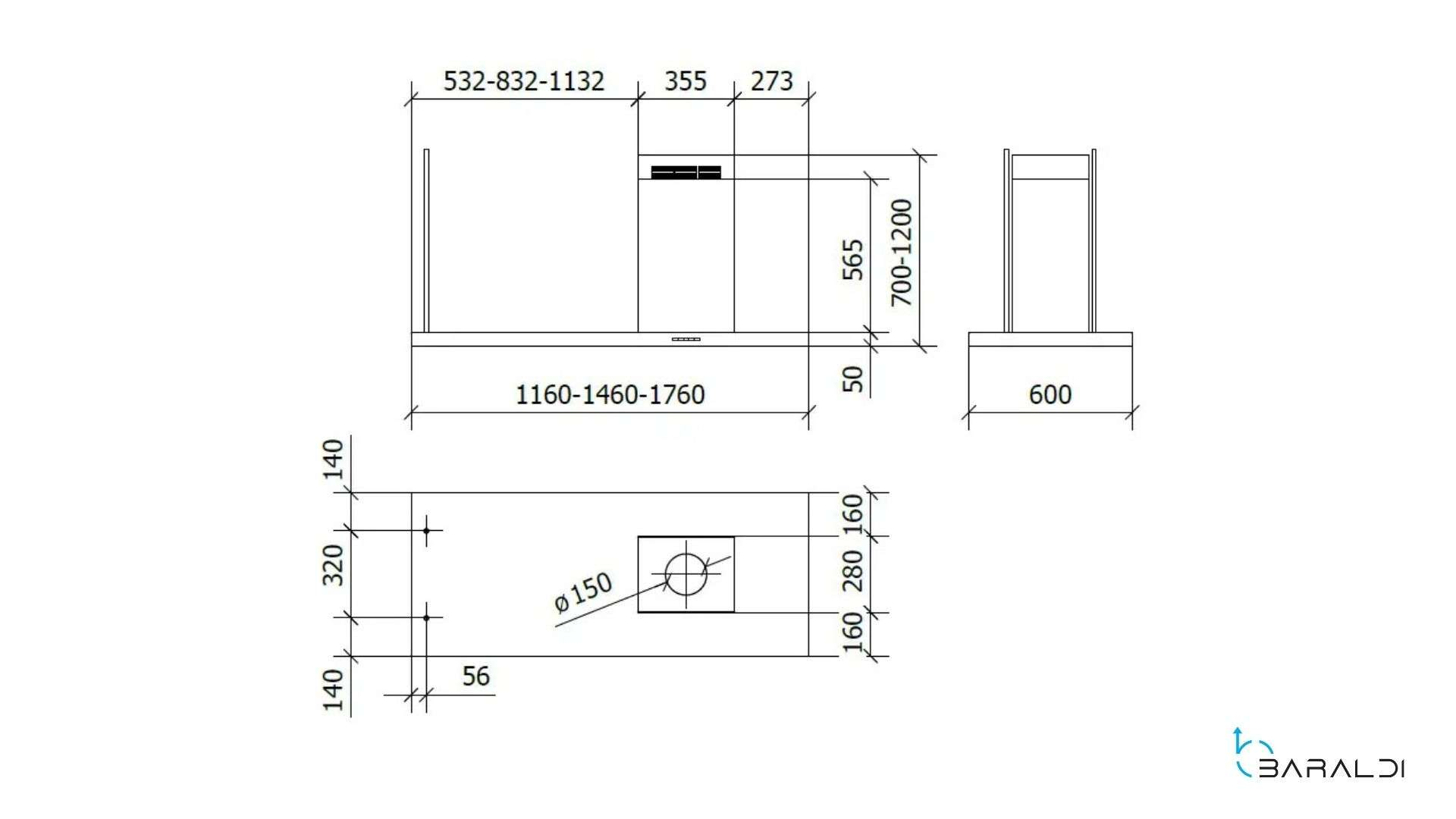 Disegno tecnico con dimensioni per un elettrodomestico, viste frontale, laterale e dall'alto.