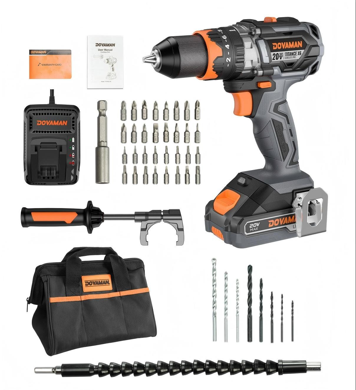 Ein Werkzeugset mit Bohrmaschine, Ladegerät, Bitset, Bohrer und Tasche.