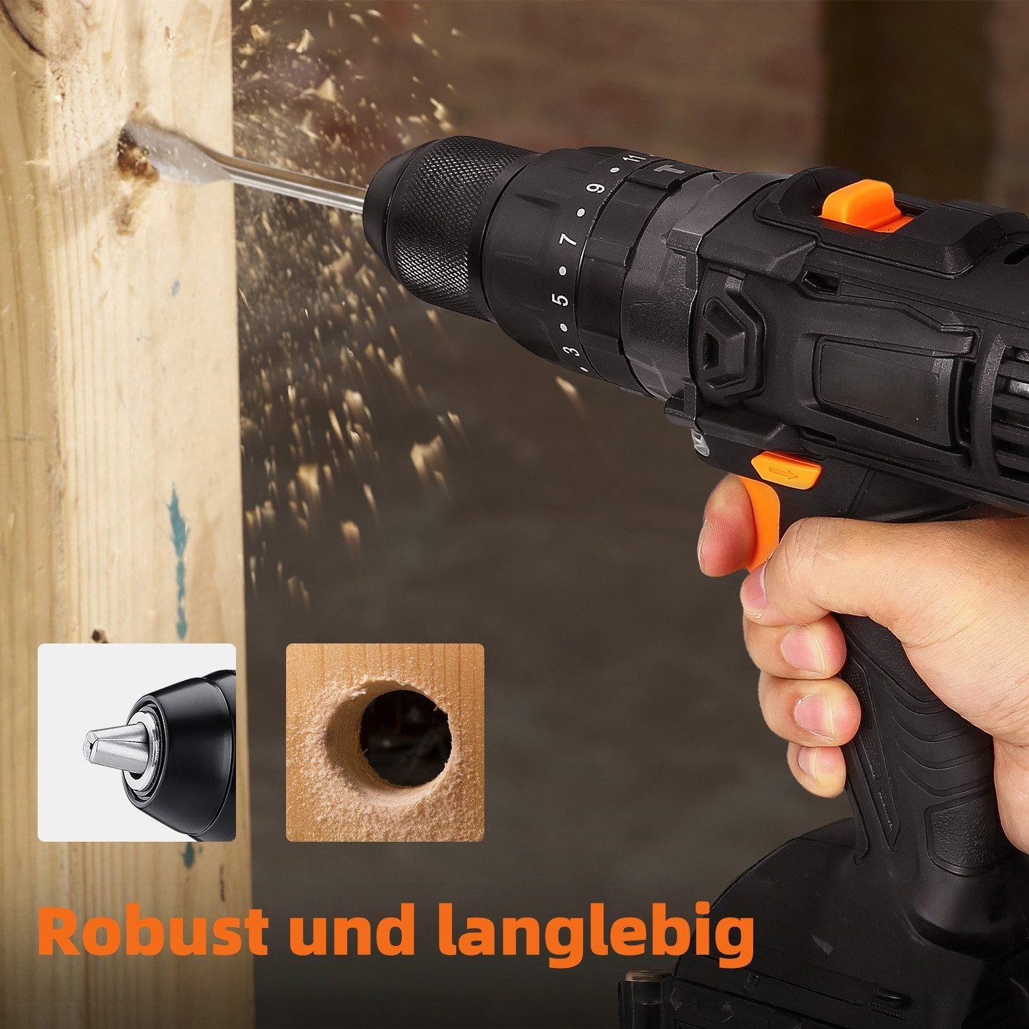 Bohrer bohrt Loch in Holz, Späne fliegen. Detailansicht Bohrfutter und Loch.