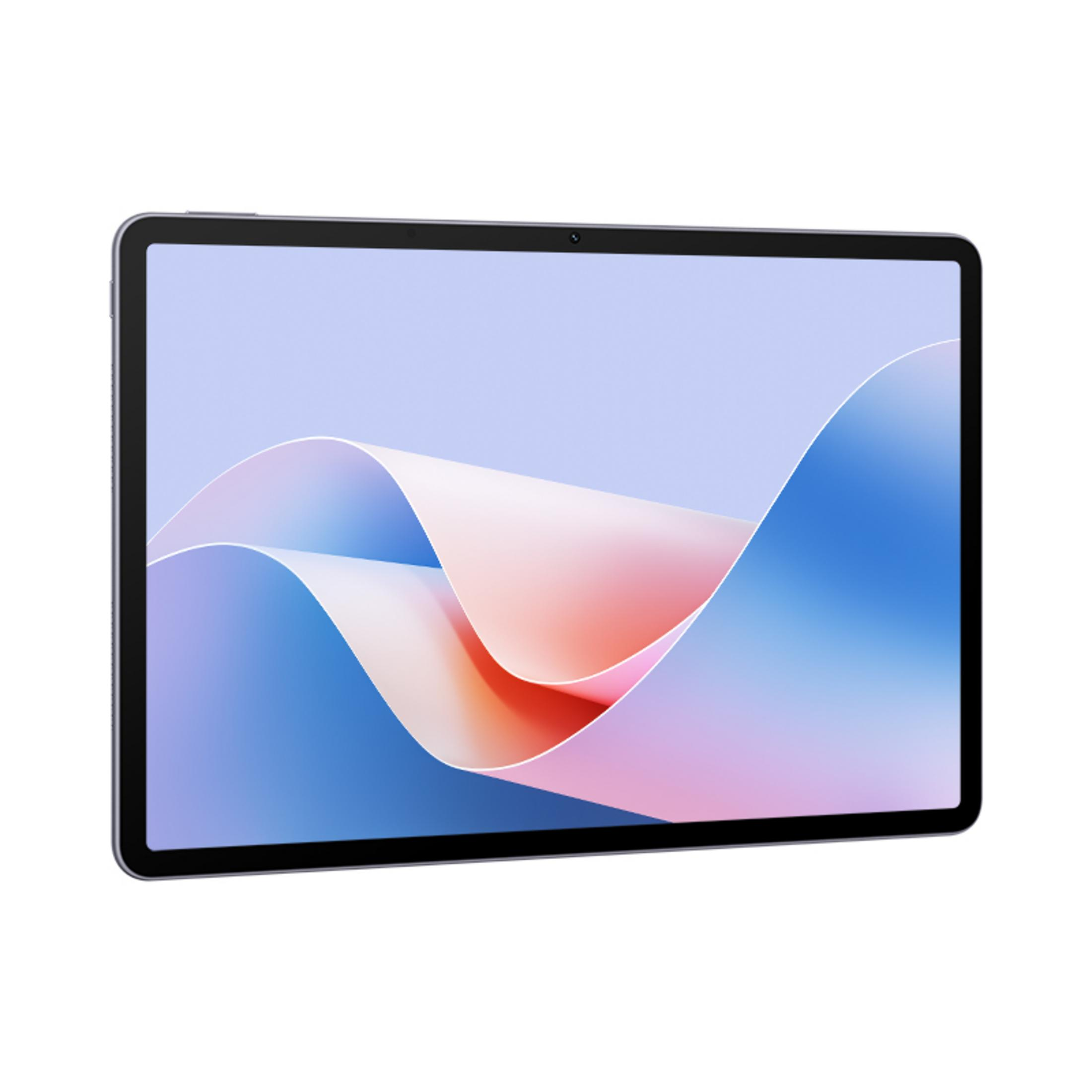 Ein silbernes Tablet mit einem abstrakten, wellenförmigen Hintergrund in Blau- und Rosatönen.