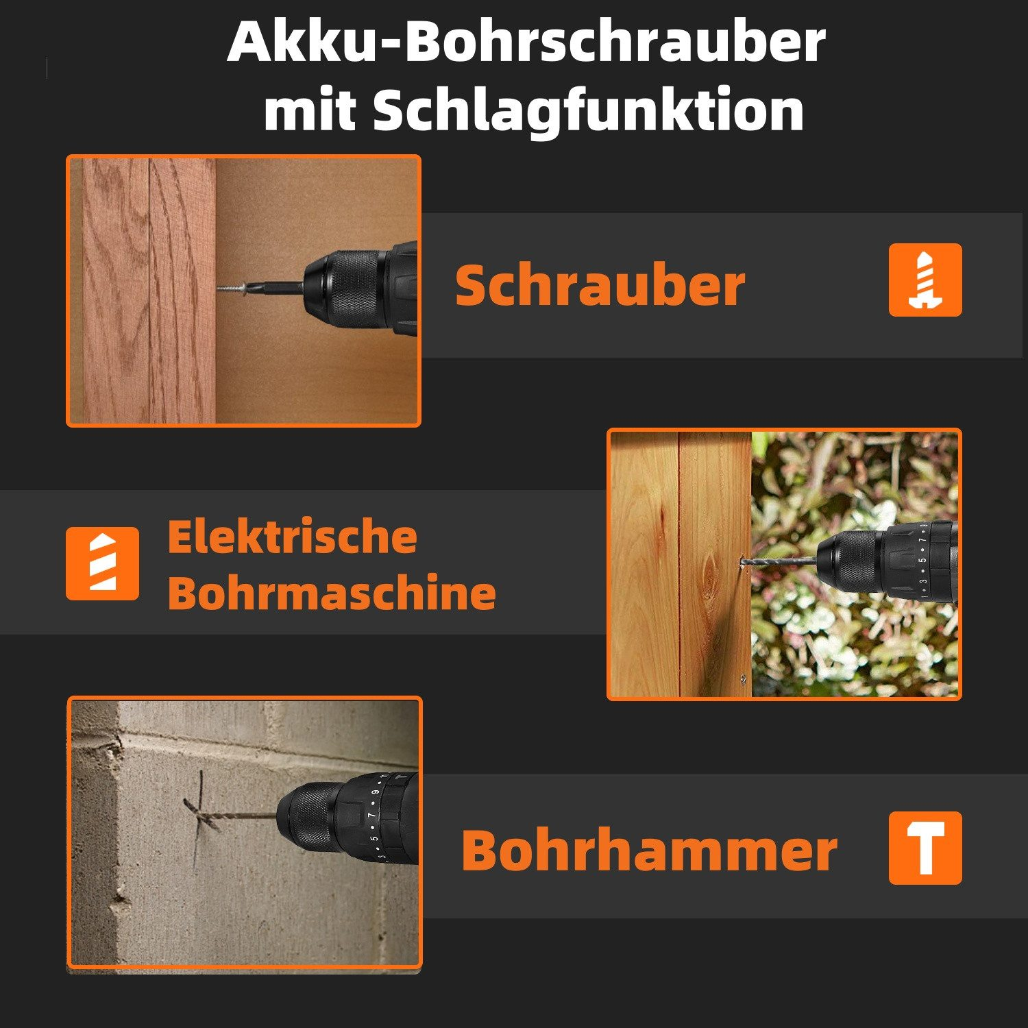 Akku-Bohrschrauber mit Schlagfunktion: Schrauber, elektrische Bohrmaschine, Bohrhammer.