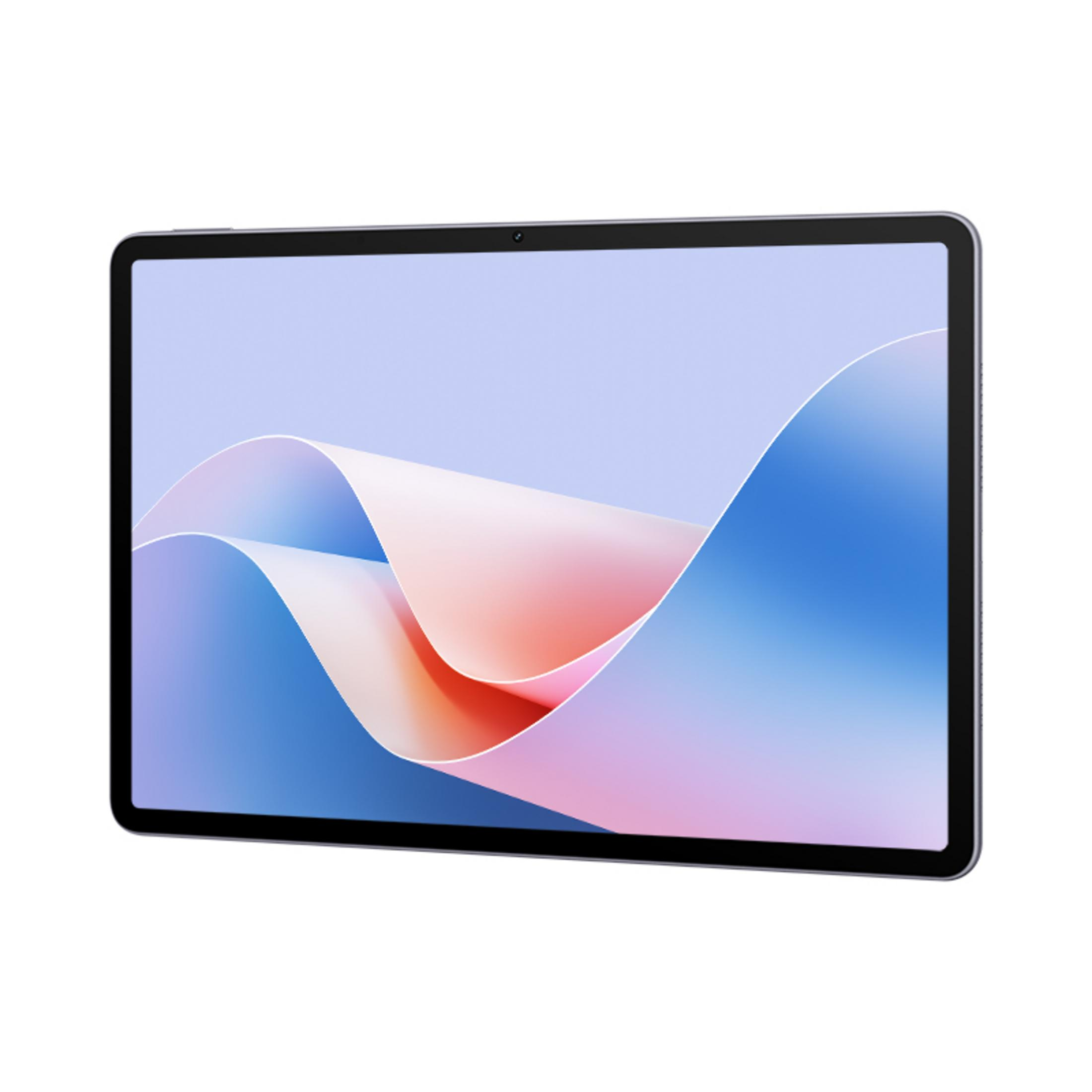 Ein Tablet mit einem abstrakten, wellenförmigen Hintergrund in Blau- und Rosatönen.