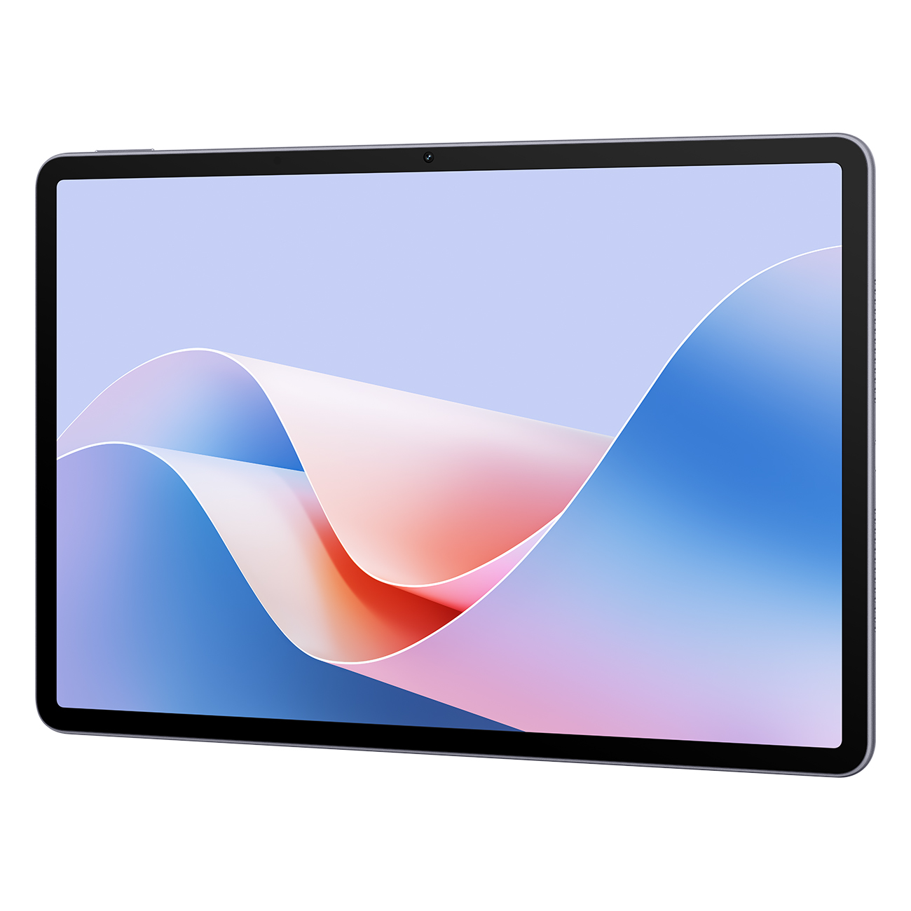 Ein graues Tablet mit einem abstrakten Hintergrund in Blau- und Rosatönen.