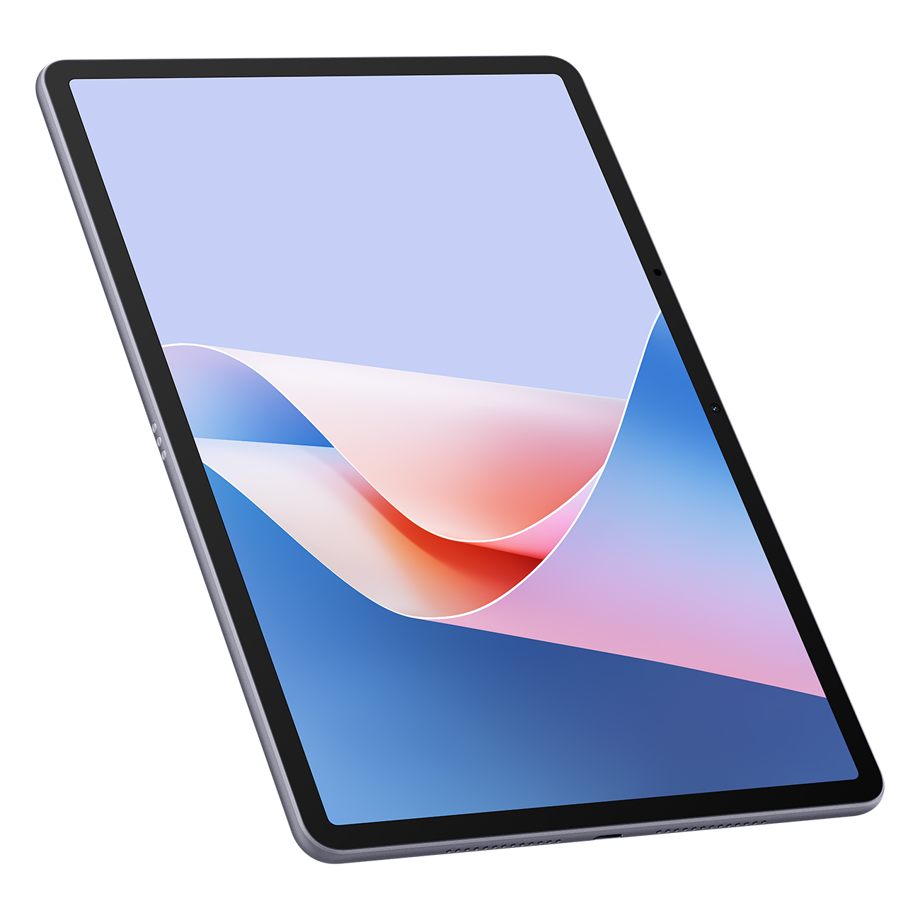 Ein graues Tablet mit einem abstrakten, bunten Hintergrundbild auf dem Bildschirm.