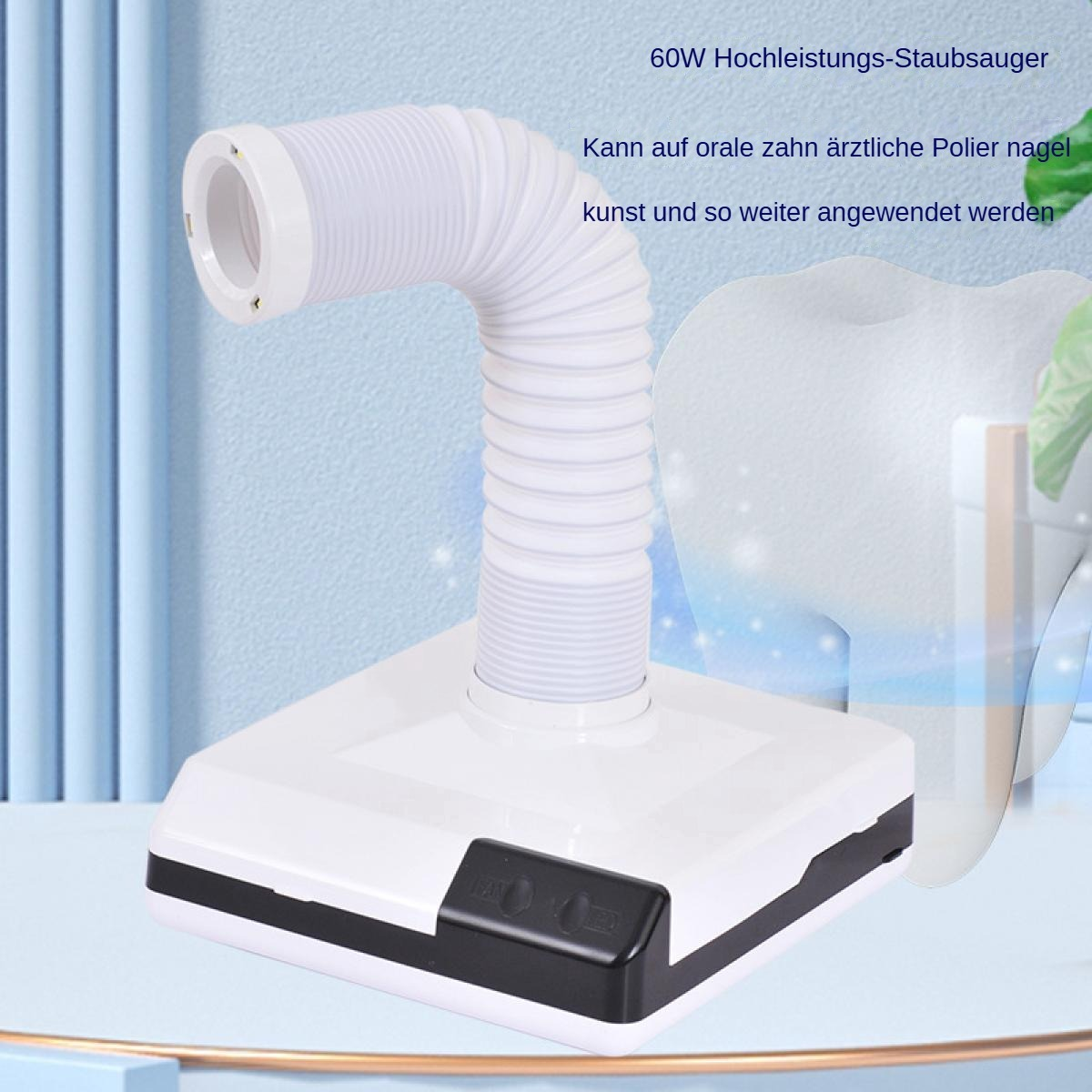 Ein weißer 60W Staubsauger mit flexiblem Schlauch, ideal für Zahnarztpraxen.