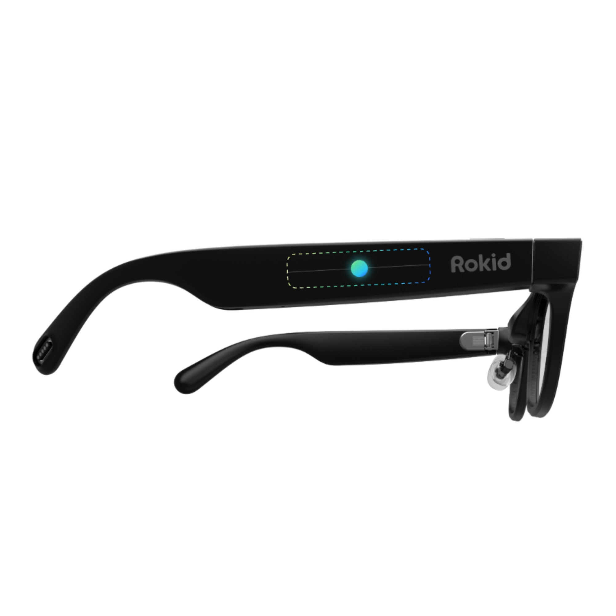 Gafas negras ROKID con luz azul-verde en la patilla.
