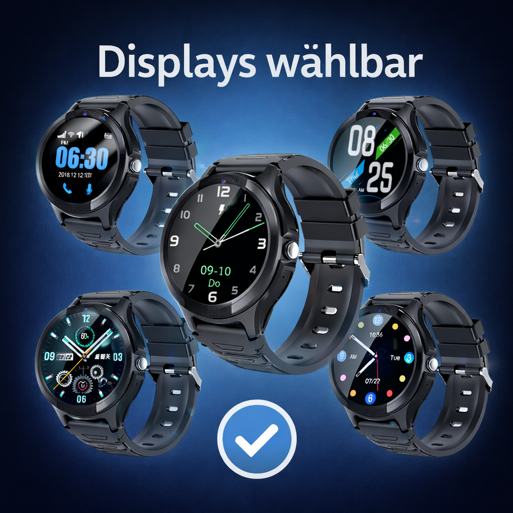 Fünf schwarze Smartwatches mit verschiedenen Zifferblättern auf blauem Hintergrund.