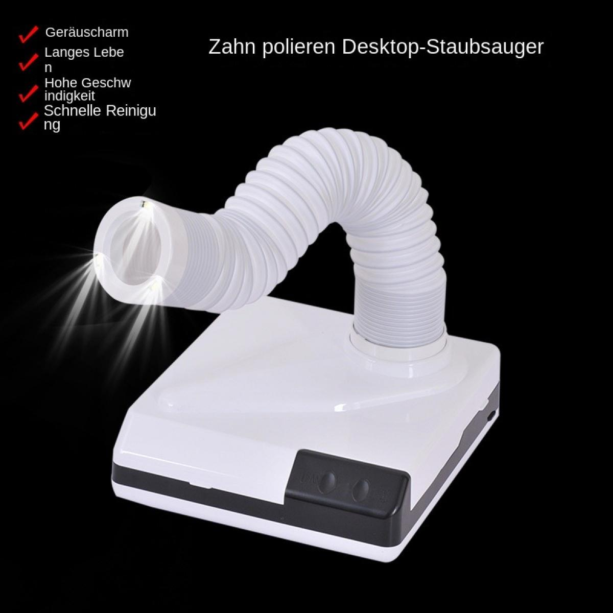 Wei ßer Desktop-Staubsauger mit flexiblem Schlauch und Lichtern.