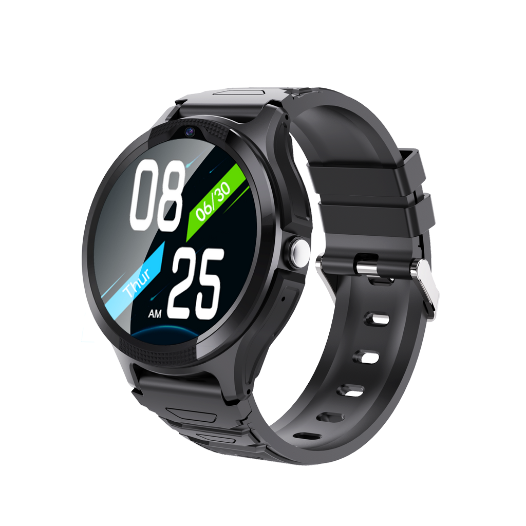 Schwarze Smartwatch mit rundem Zifferblatt und digitaler Zeitanzeige.